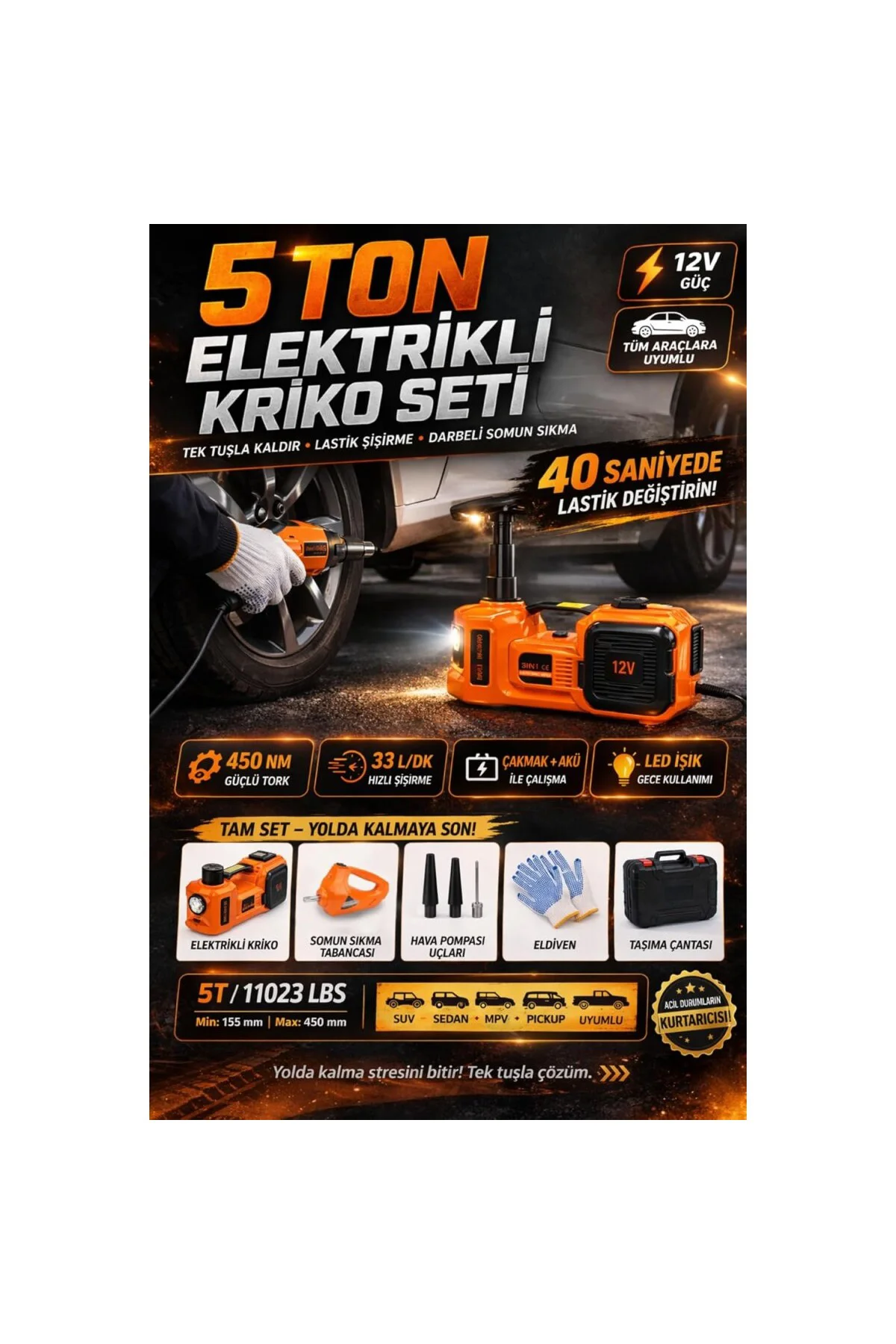 5 Ton Elektrikli Kriko Seti 12V, 3’ü 1 Arada Hidrolik Araç Krikos