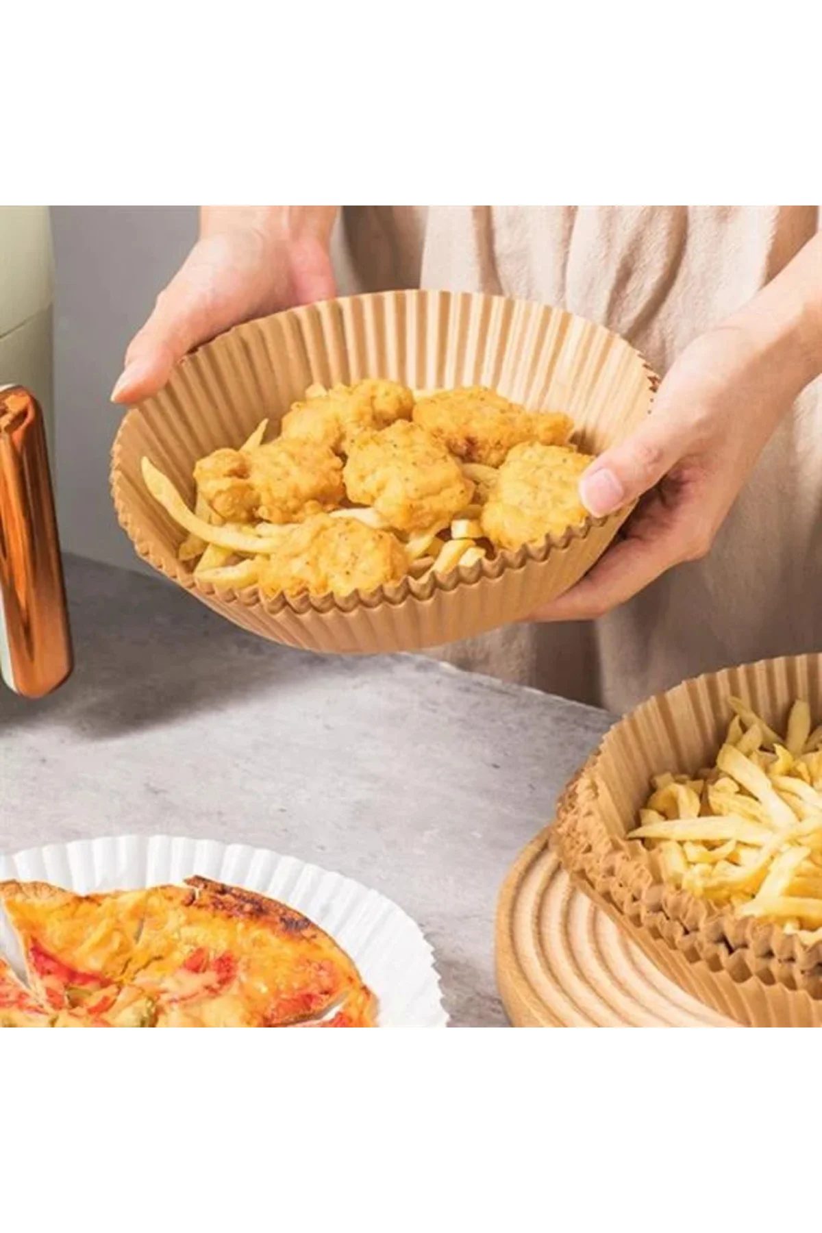 50 Adet Air Fryer Pişirme Kağıdı Tek Kullanımlık Yağ Geçirmez Yuvarlak Tabak Model PVC