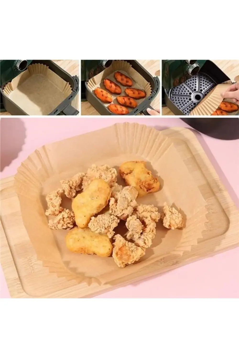 50 Adet Air Fryer Pişirme Kağıdı - Tek Kullanımlık, Yağ Geçirmez,