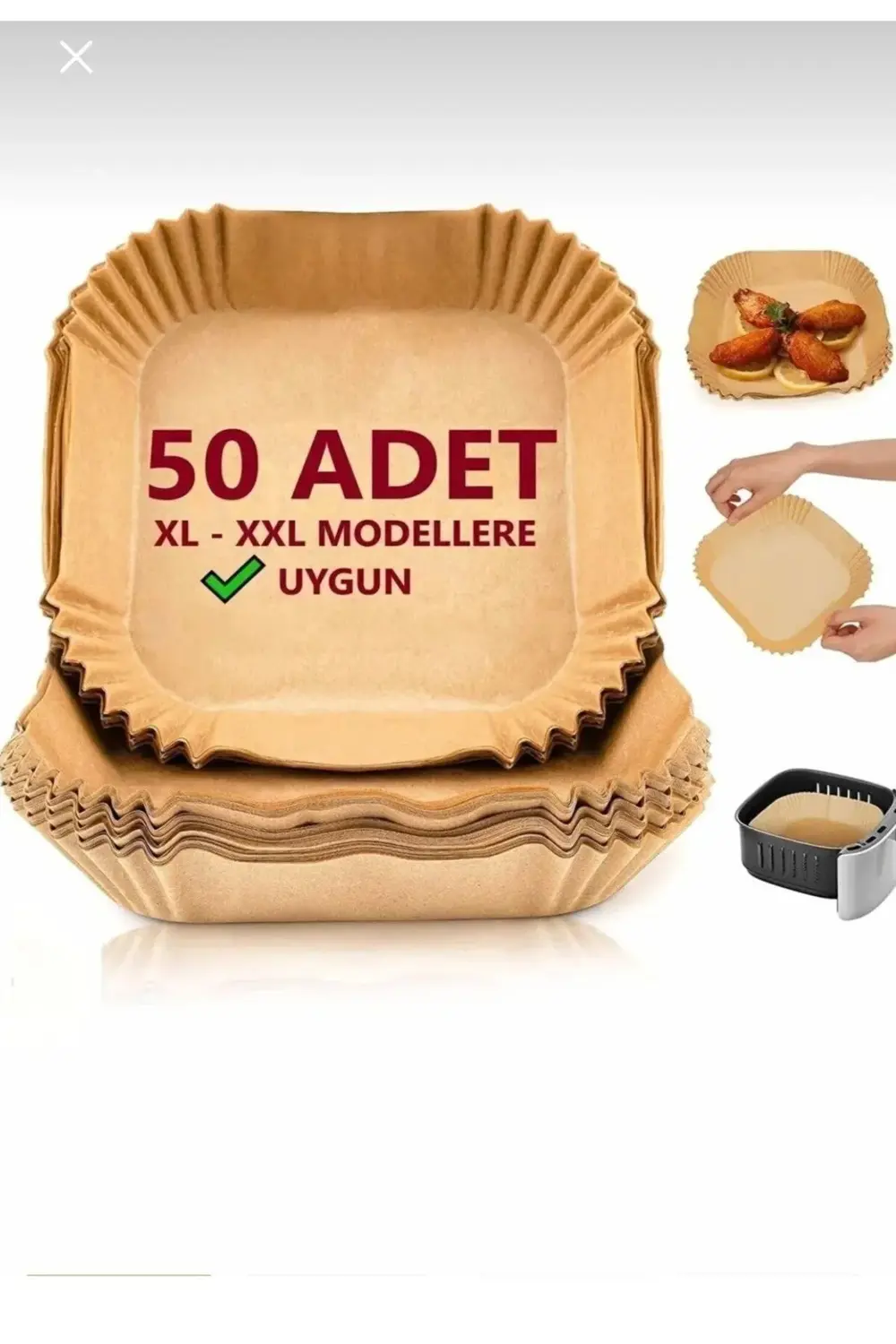 50 Adet Airfryer Pişirme Kağıdı Kare Tabak Model Yağlı Kağıt