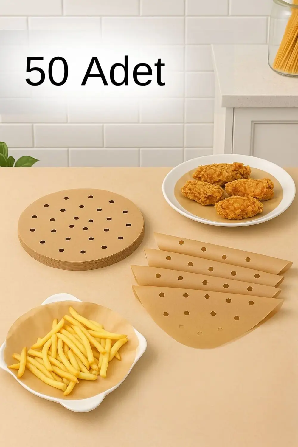 50 Adet Delikli Yuvarlak Airfryer Yağlı Pişirme Kağıdı