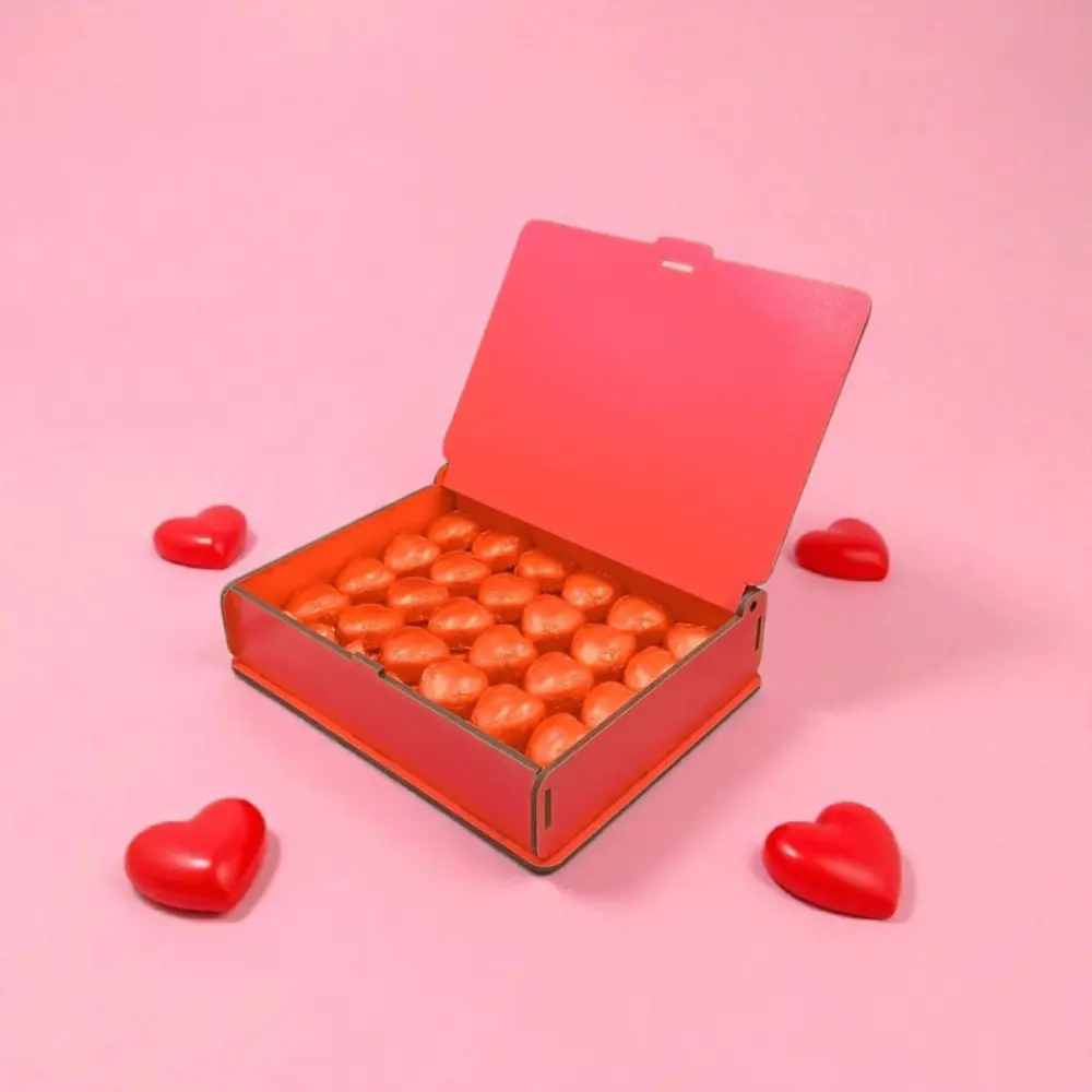 50 Adet Kalp Şeklinde Çikolatalı Kırmızı Ahşap Hediye Kutusu – Se