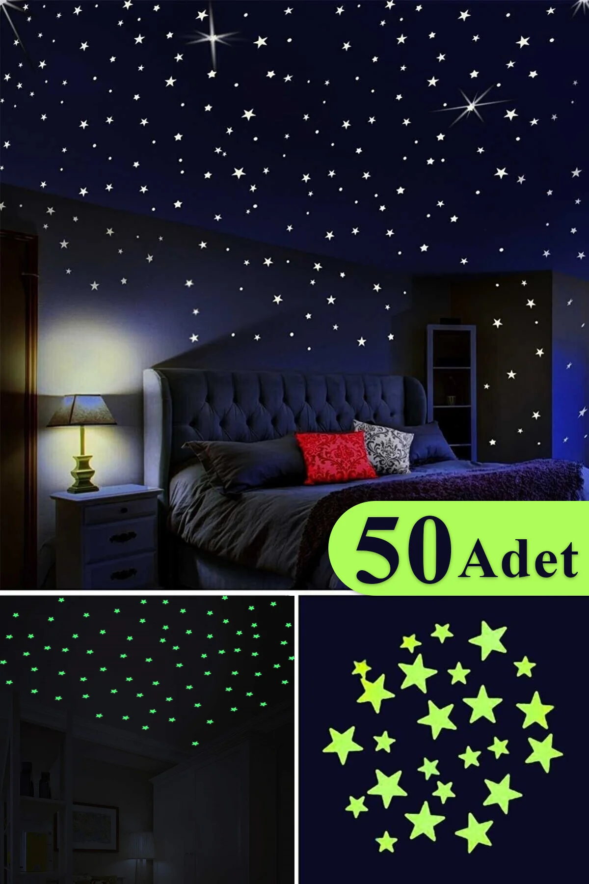 50 Adet Karanlıkta Parlayan Fosforlu Ay Ve Yıldız Tasarımlı Dekor