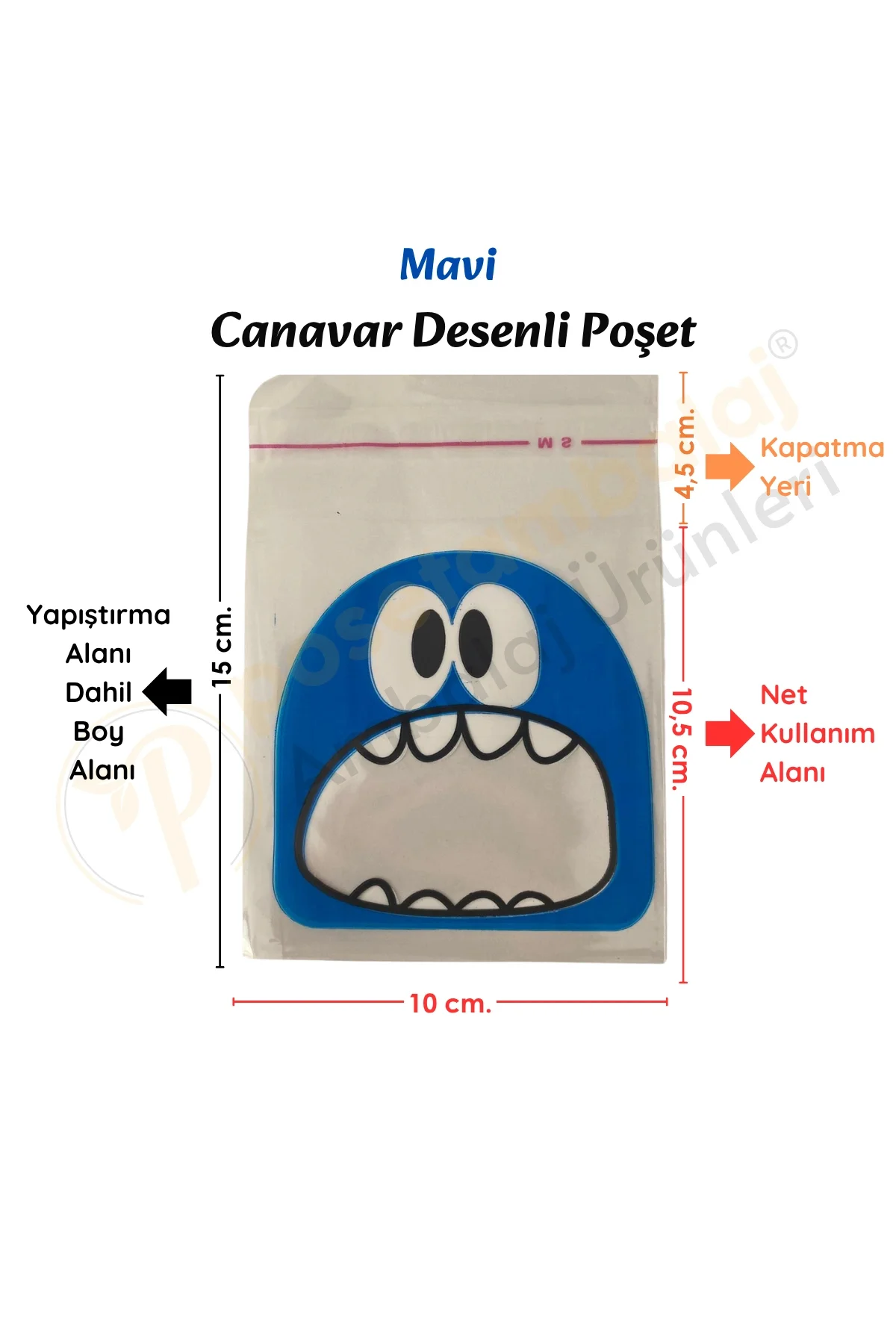 50 Adet Karışık Canavar Desenli Bantlı Şeffaf Poşet 10x15 Cm