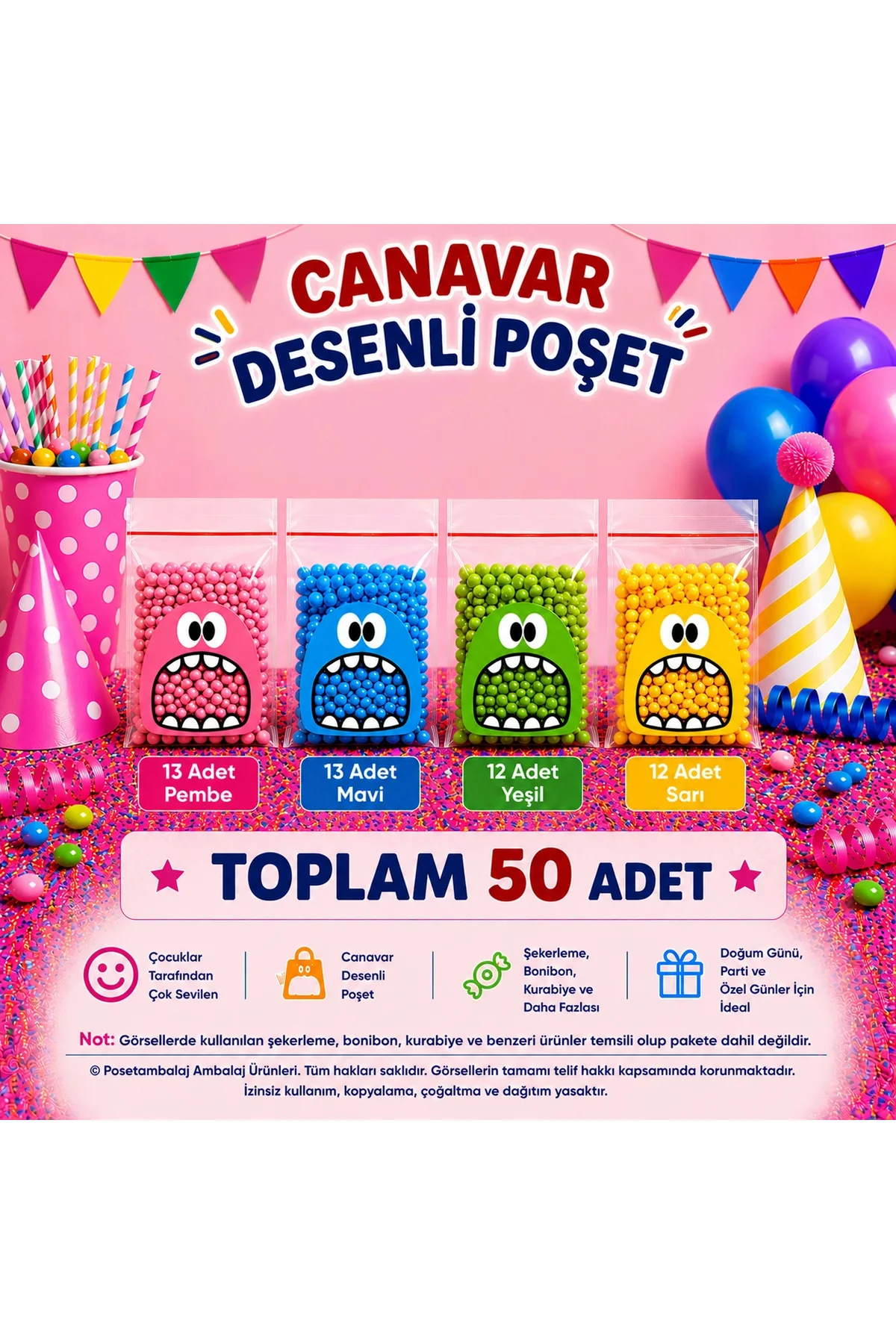 50 Adet Karışık Canavar Desenli Bantlı Şeffaf Poşet 10x15 Cm