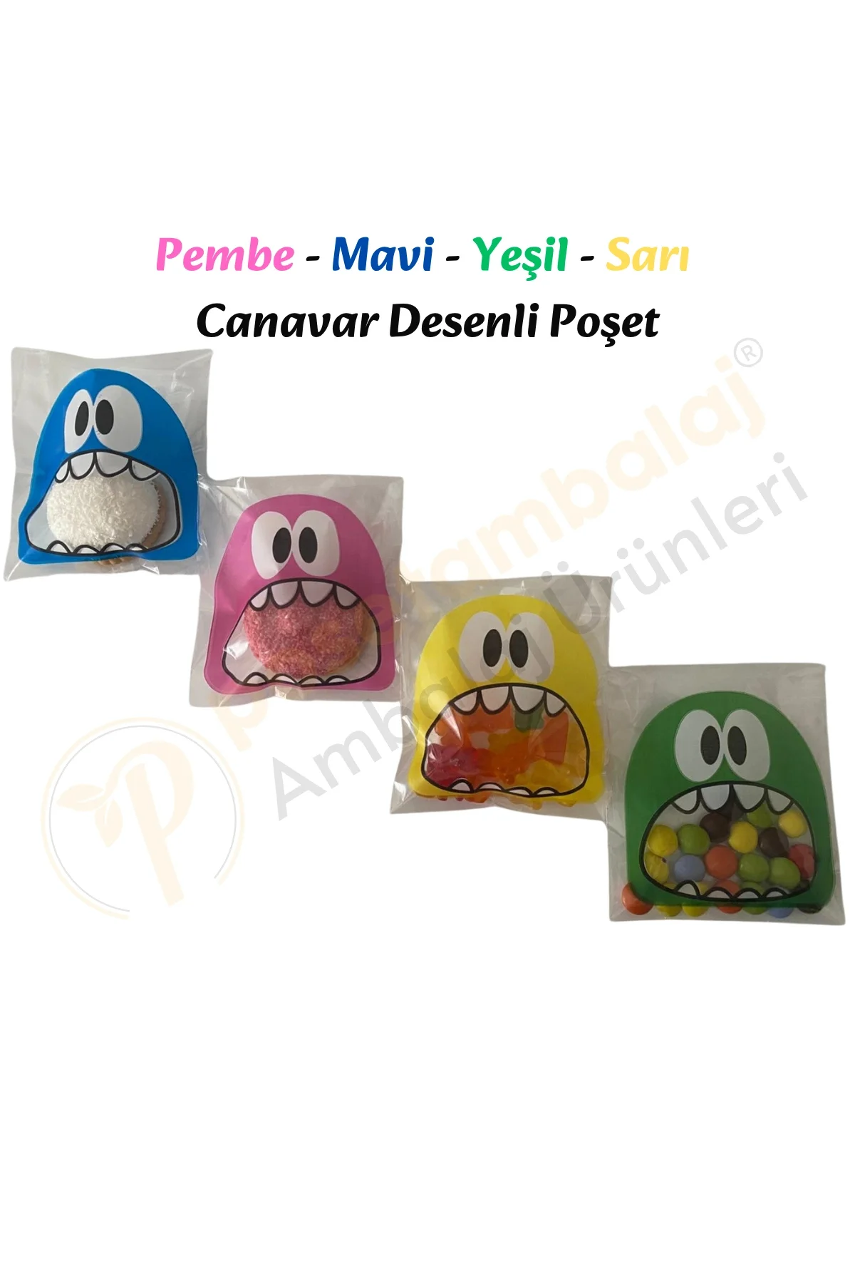 50 Adet Karışık Canavar Desenli Bantlı Şeffaf Poşet 10x15 Cm
