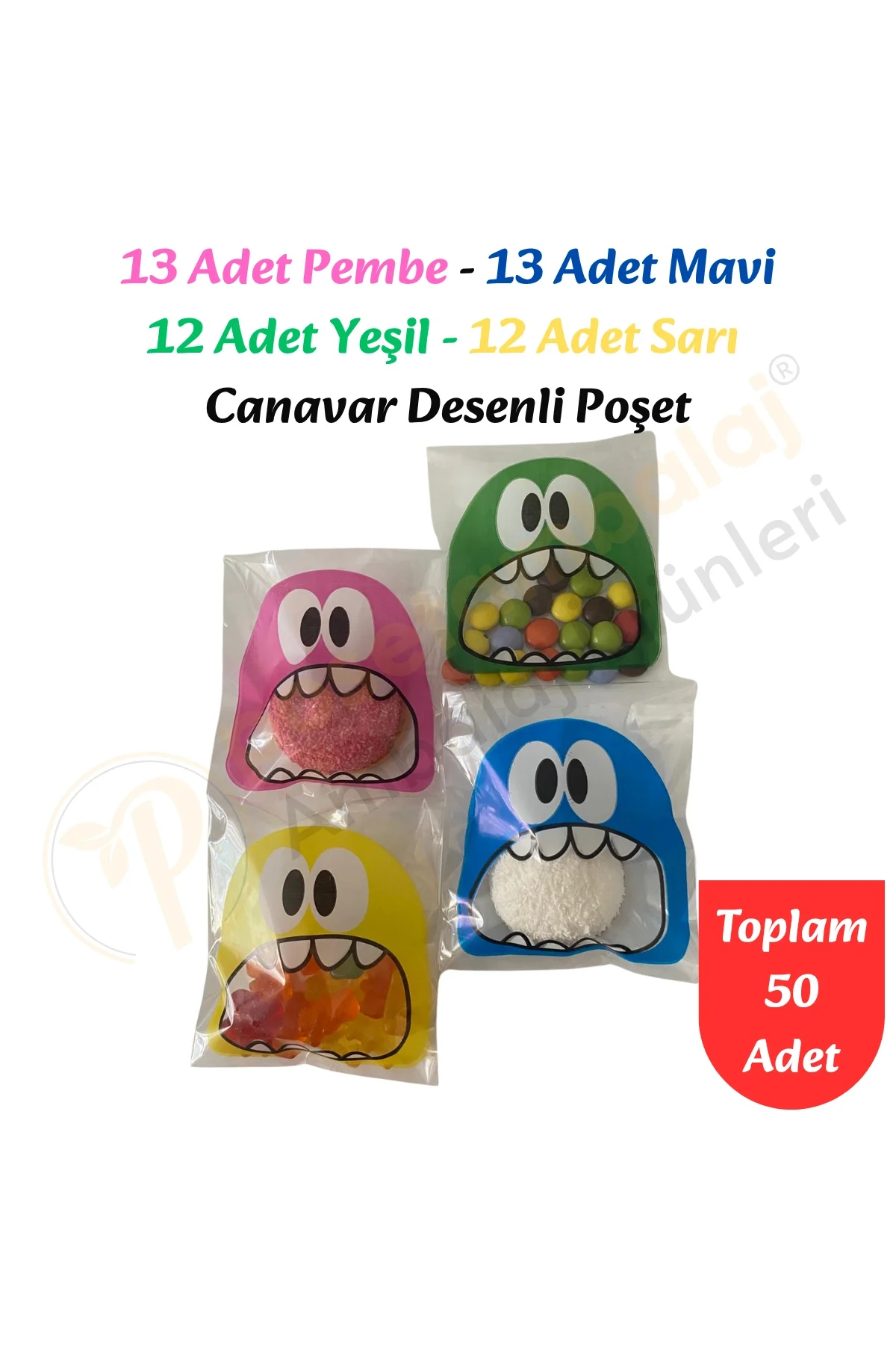 50 Adet Karışık Canavar Desenli Bantlı Şeffaf Poşet 10x15 Cm