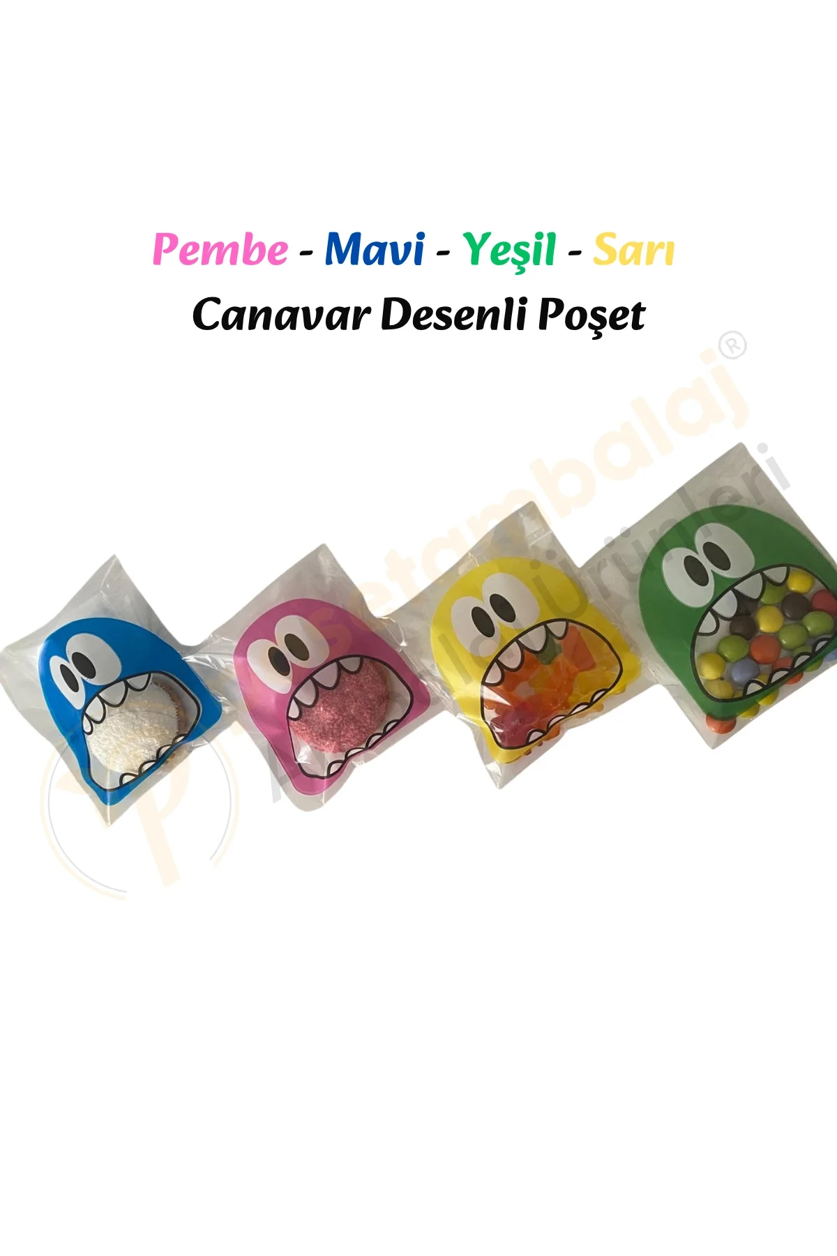 50 Adet Karışık Canavar Desenli Bantlı Şeffaf Poşet 10x15 Cm