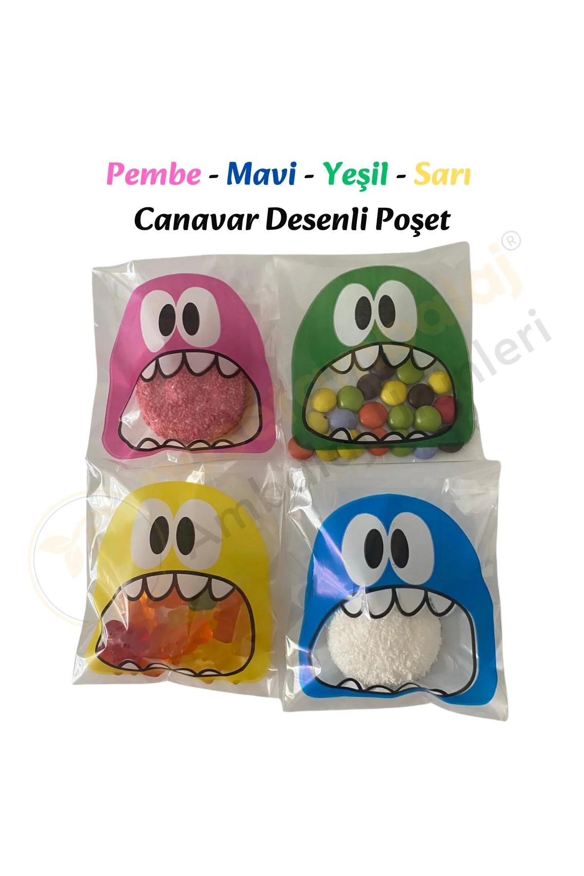 50 Adet Karışık Canavar Desenli Bantlı Şeffaf Poşet 10x15 Cm