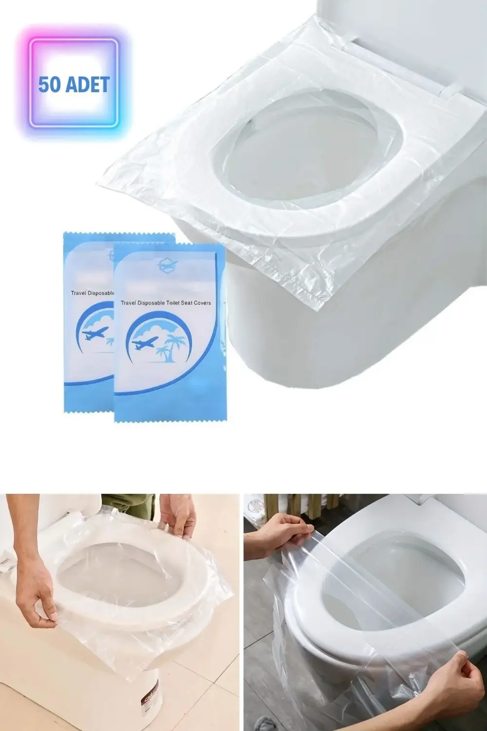 ® 50 Adet Kullan At Pratik Kullanımlı Hijyenik Klozet Kapağı Poşe