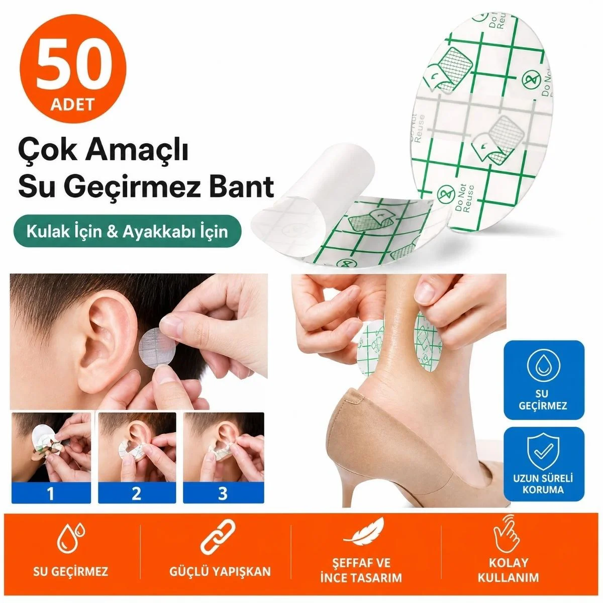 50 Adet Su Geçirmez Kulak Bandı ve Ayakkabı Vurma Önleyici Bant Seti, Çok Amaçlı Koruyucu Yapışkan Bant 50 Adet Su Geçirmez Kulak Bandı ve Ayakkabı Vurma Önleyici Bant Seti, Çok Amaçlı Koruyucu Yapışkan Bant