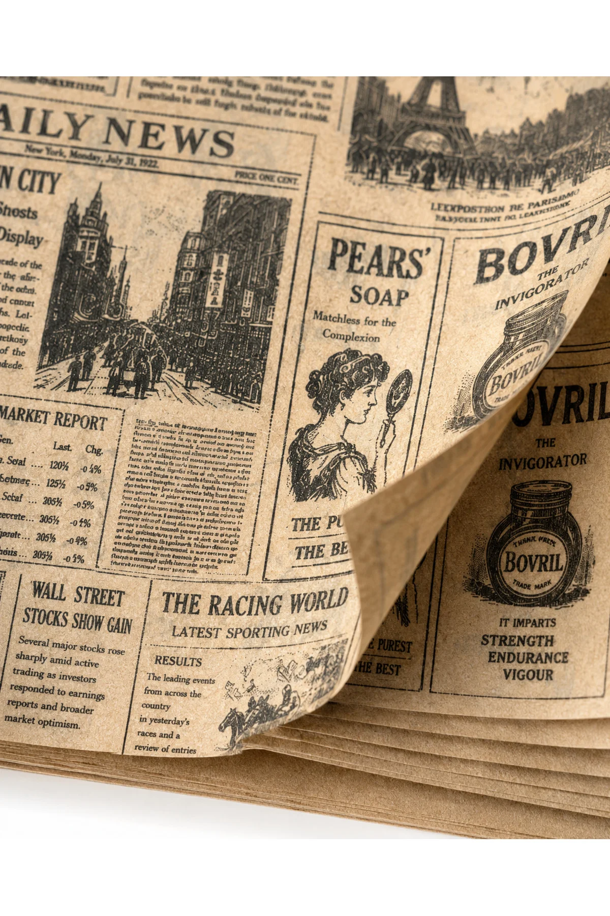 50 Adet Vintage Gazete Desenli Sunumluk Kağıt – Retro Kraft Tabak Altlığı ve Masa Servis Kağıdı