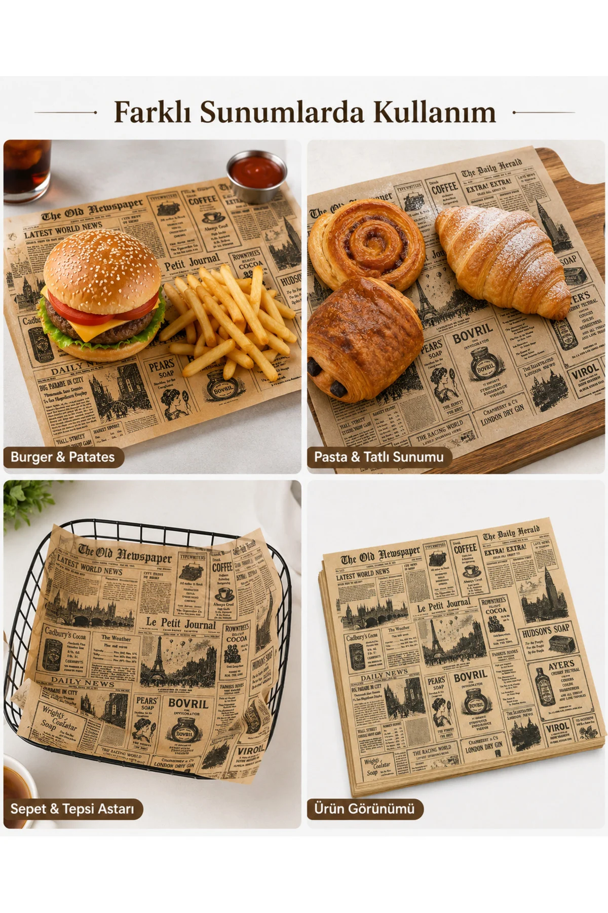 50 Adet Vintage Gazete Desenli Sunumluk Kağıt – Retro Kraft Tabak Altlığı ve Masa Servis Kağıdı