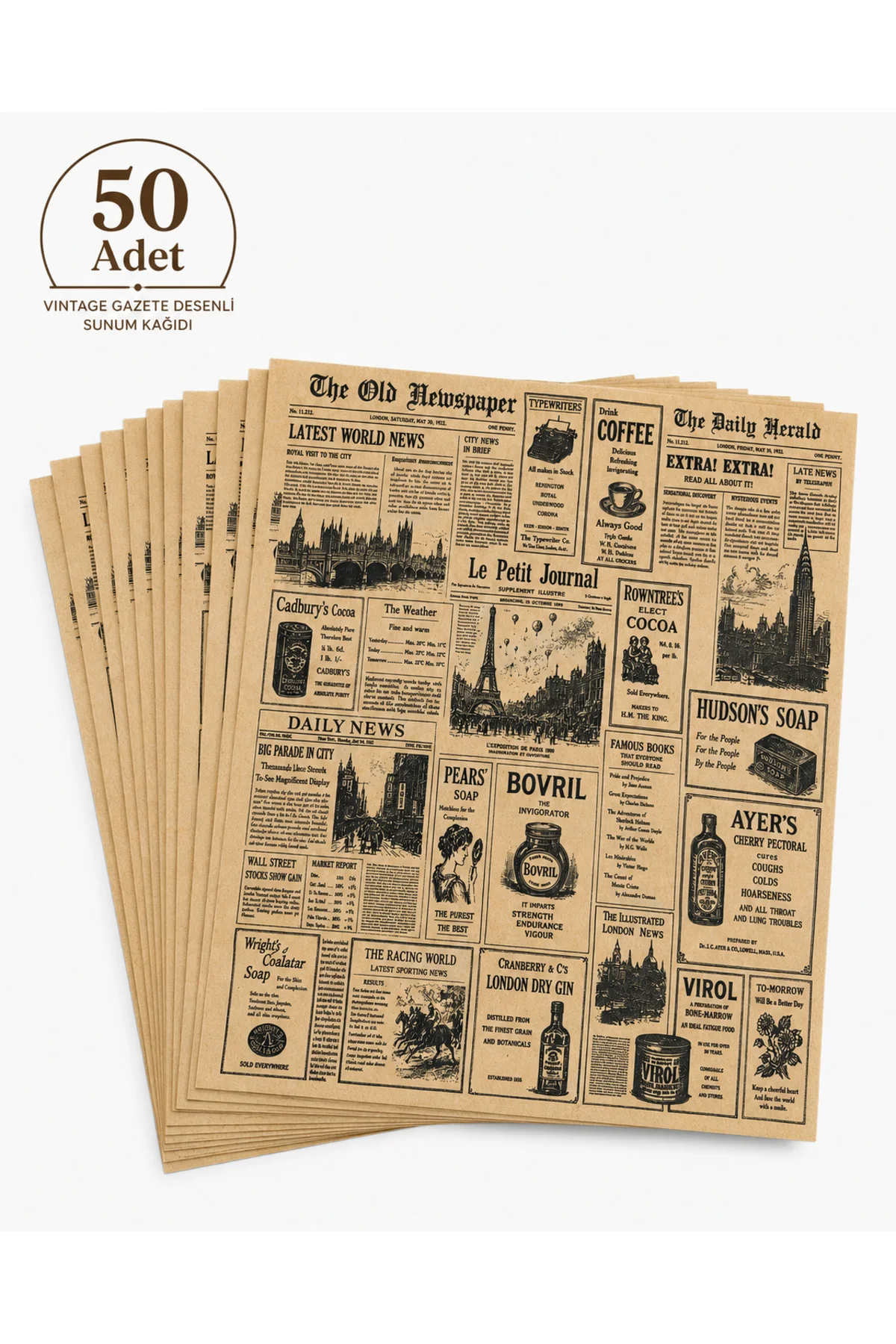 50 Adet Vintage Gazete Desenli Sunumluk Kağıt – Retro Kraft Tabak Altlığı ve Masa Servis Kağıdı