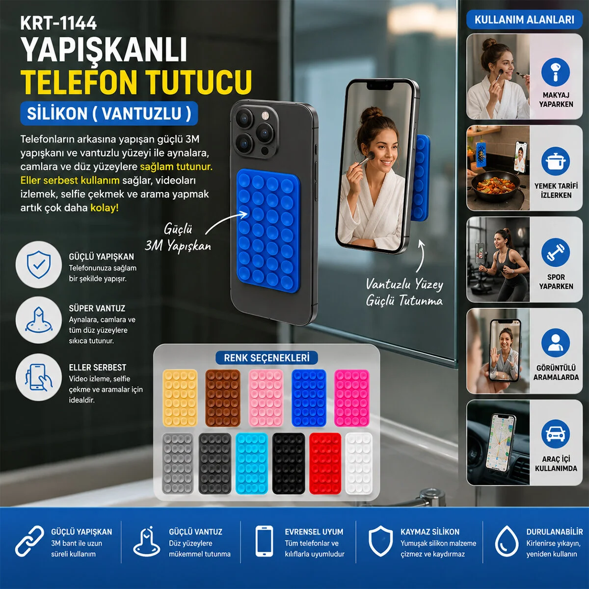 50 Adet Yapışkanlı Telefon Tutucu Renkli Silikon Vantuzlu Fiyatı, Yorumları ve Özellikleri