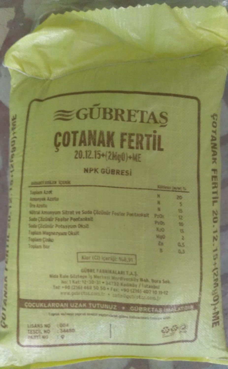 50 Kg Çotanak Fertil Gübre 20-12-15 2(MgO) B Zn Gübretaş
