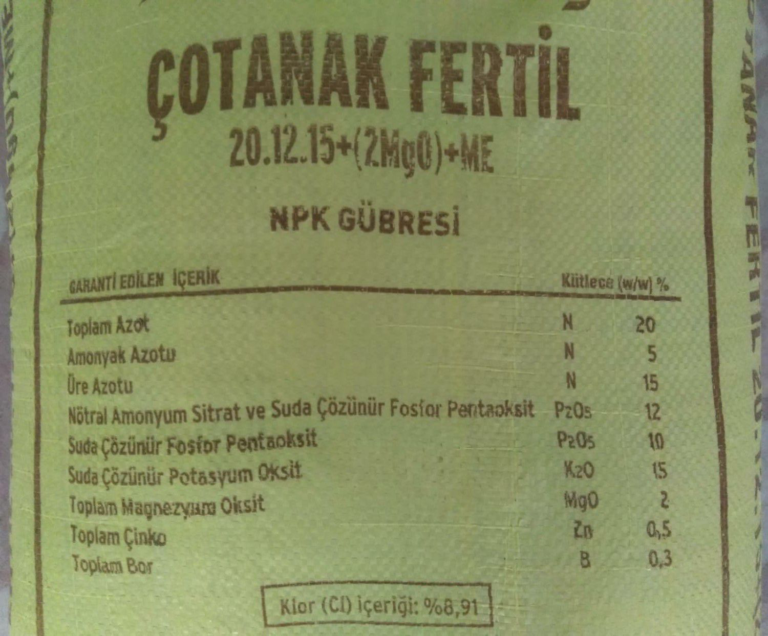 50 Kg Çotanak Fertil Gübre 20-12-15 2(MgO) B Zn Gübretaş