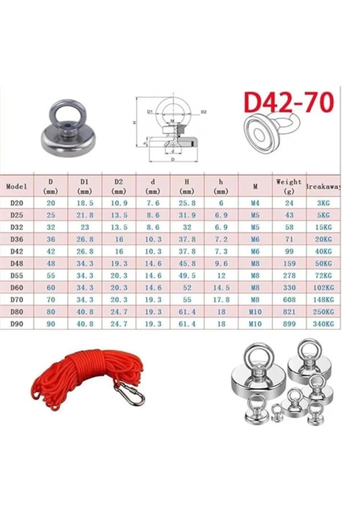 50 Kg D48 Magnet Fishing 20M Halatlı Neodyum Pot Mıknatıs Seti