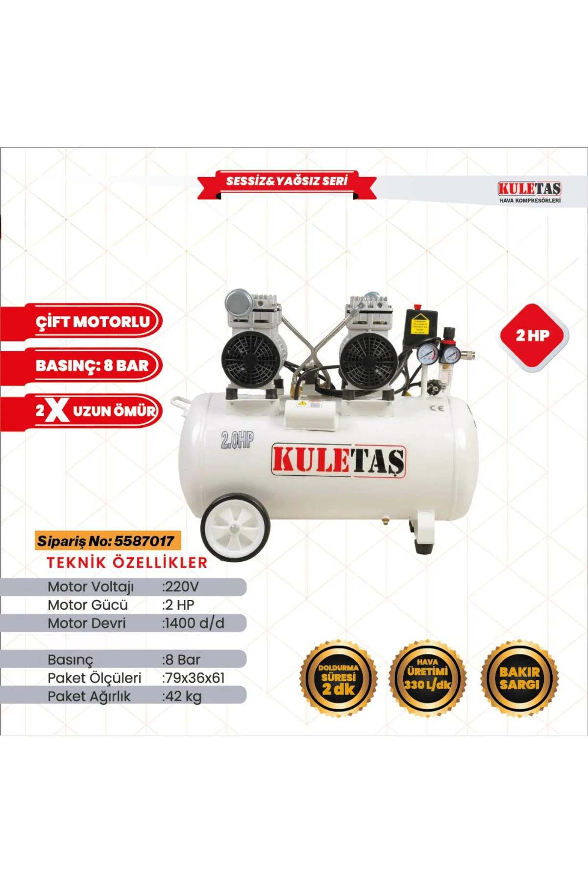 50 Litre Kompresör 2HP 8 Bar Ultra Sessiz Yağsız Çift Motorlu Bak