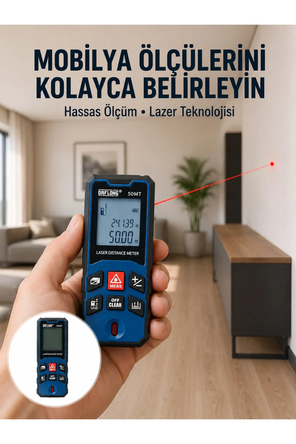 50 Metre Lazer Ölçüm Cihazı Alan ve Mesafe Hesaplama Yeni Nesil
