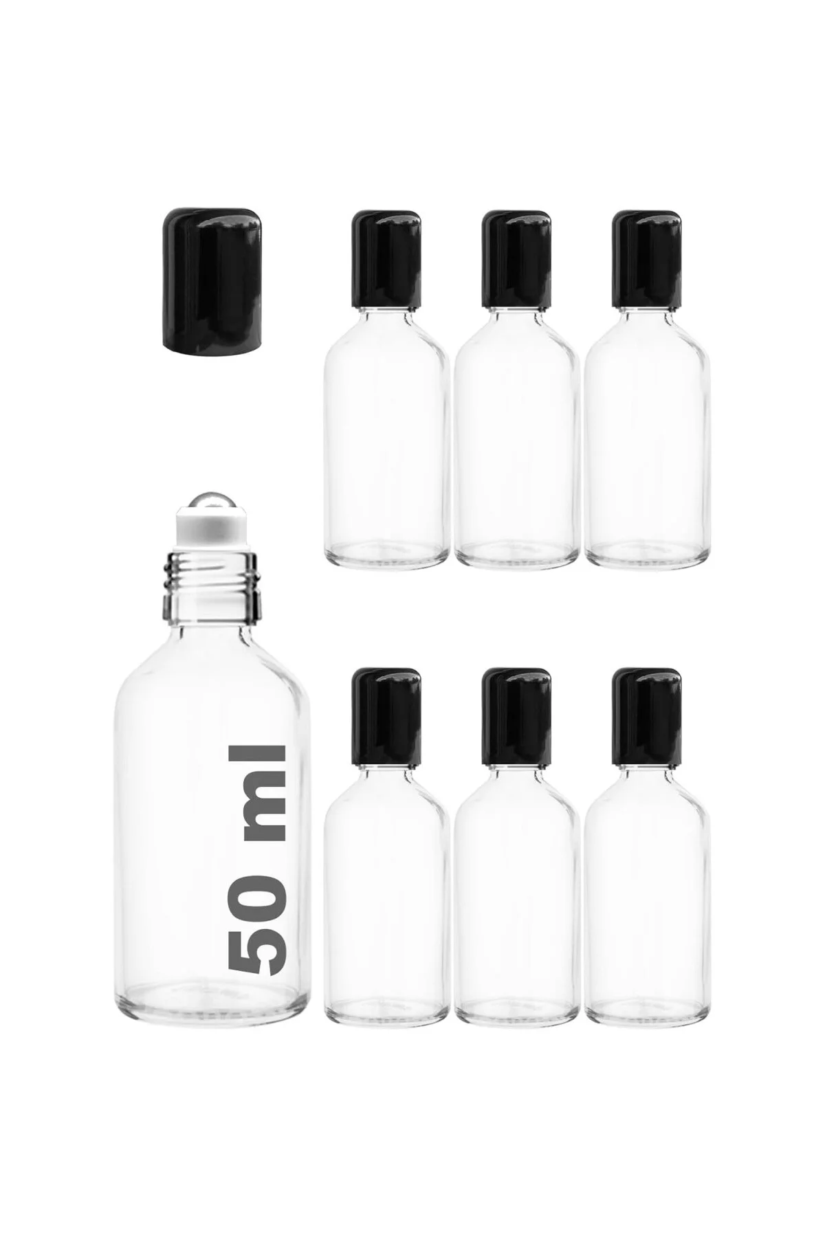 50 ml Çelik Roll On Şişesi 50 cc Sızdırmaz Siyah Kapaklı Cam Şişe 6 Adet (Şeffaf,