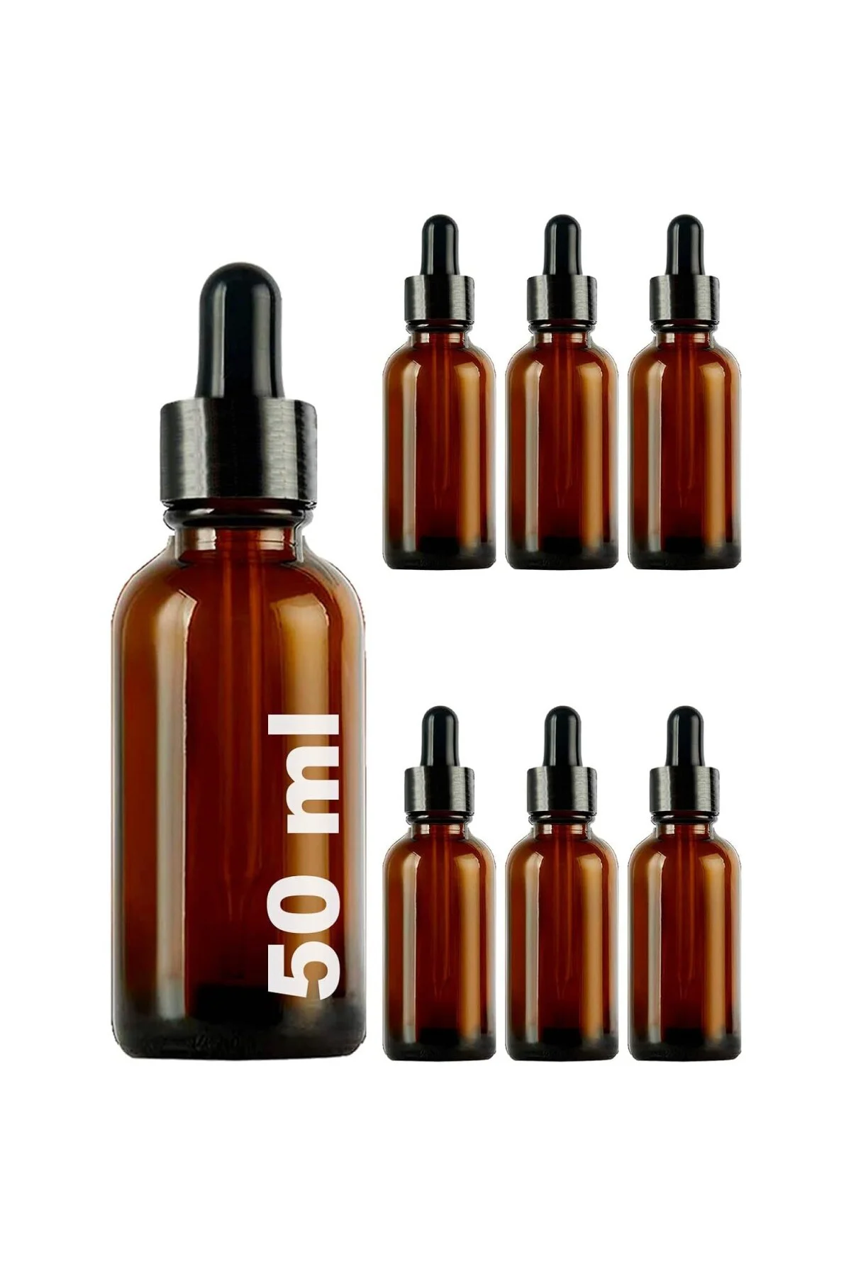50 ml Metal Kapaklı Damlalık Dropper Şişesi Serum 50 cc Cam Şişe 6 Adet (Siyah Kapak