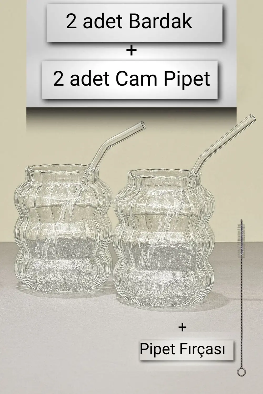 500 ml 2 Adet Dalgalı Cam Bardak Seti + 2 Adet Cam Pipet ve Pipet