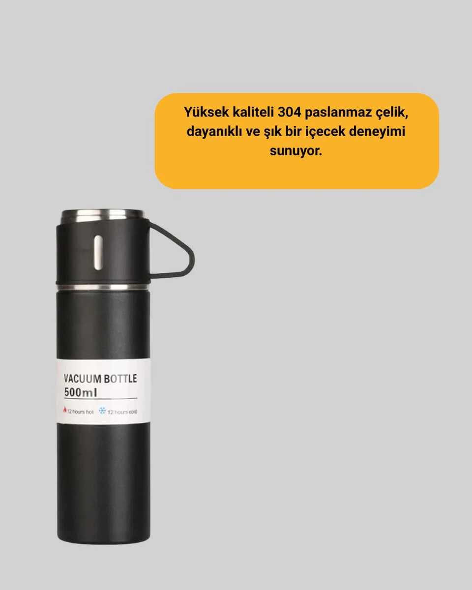 500 ml Isı Korumalı Çelik Termos ve Bardak Seti | Silikon Tabanlı Şık ve Pratik