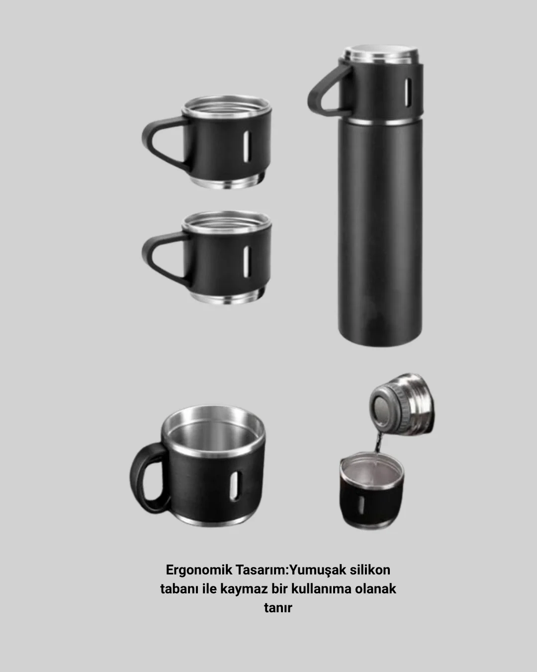500 ml Isı Korumalı Çelik Termos ve Bardak Seti | Silikon Tabanlı, Şık ve Pratik 500 ml Isı Korumalı Çelik Termos ve Bardak Seti | Silikon Tabanlı, Şık ve Pratik