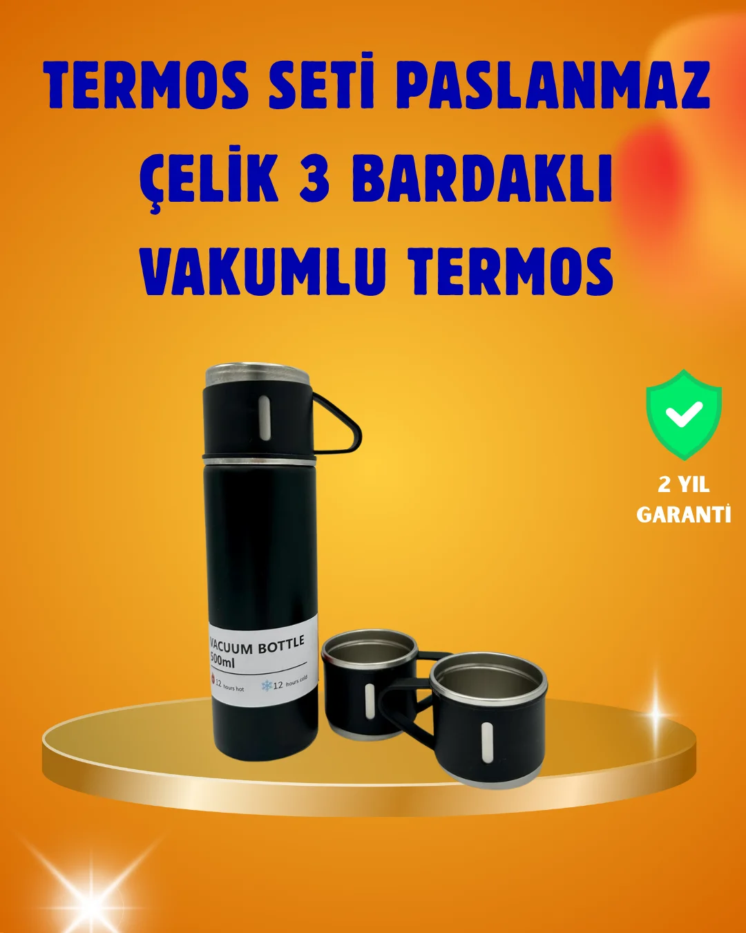500 ml Isı Korumalı Çelik Termos ve Bardak Seti | Silikon Tabanlı