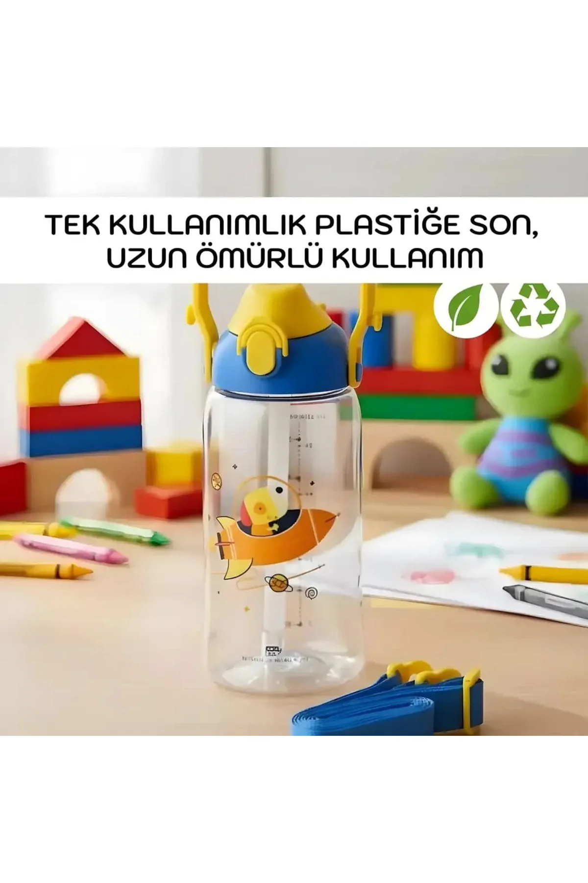 500 ml Pipetli Isırılamaz Desenli Çocuk Su Matarası - Tritan Sulu
