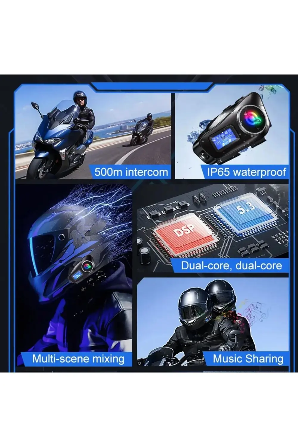 500 Mt Intercom 2 Eşleşmeli Kask Kulaklık Su Geçirmez Bluetooth M