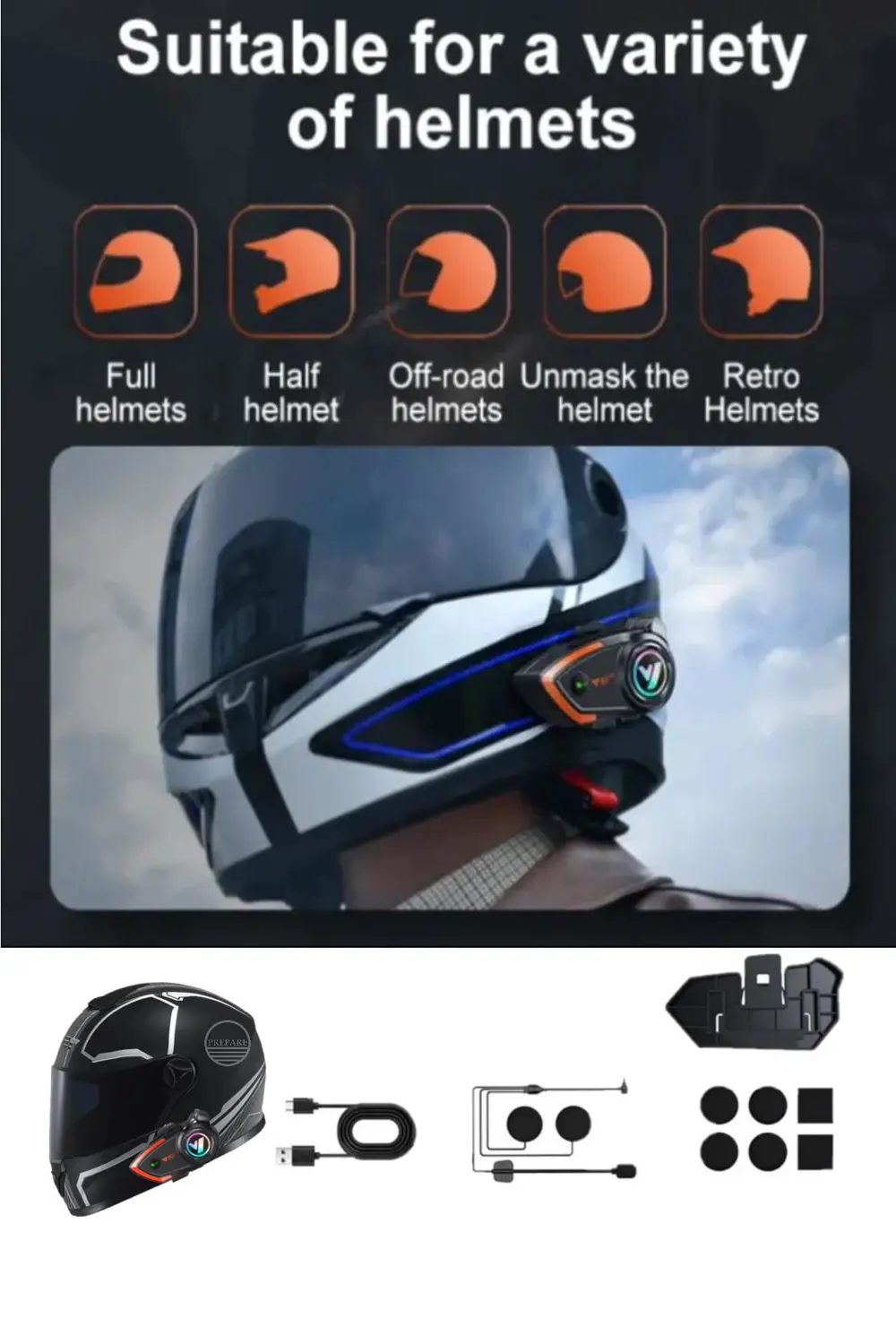 500 Mt Intercom 2 Eşleşmeli Kask Kulaklık Y-80PR Su Geçirmez Blue