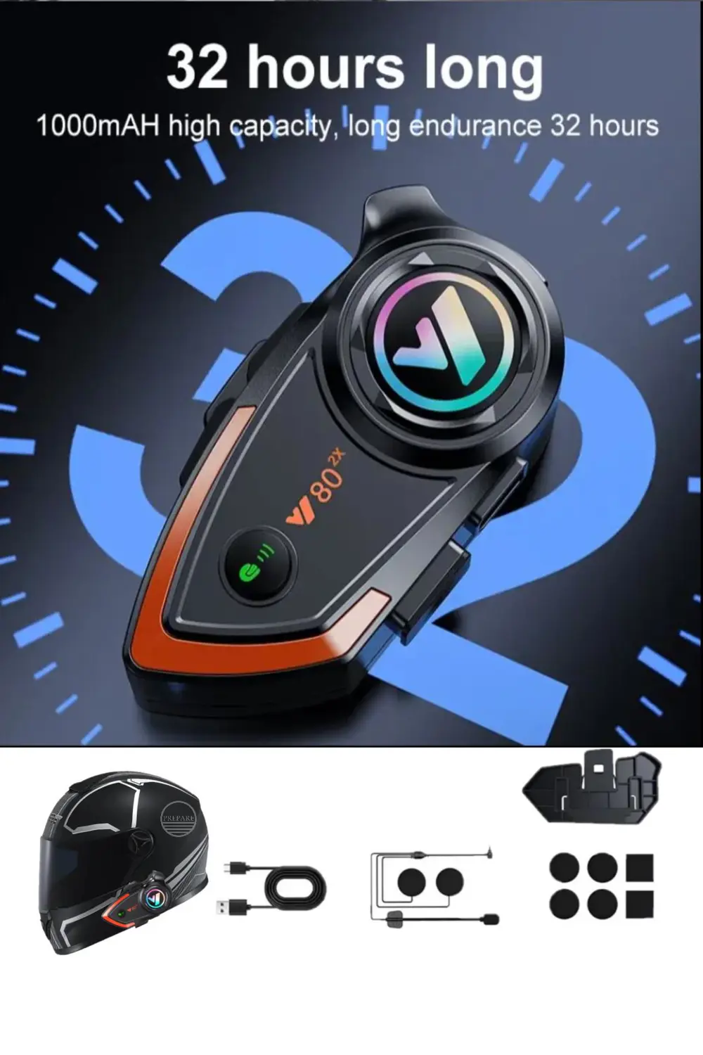 500 Mt Intercom 2 Eşleşmeli Kask Kulaklık Y-80PR Su Geçirmez Blue