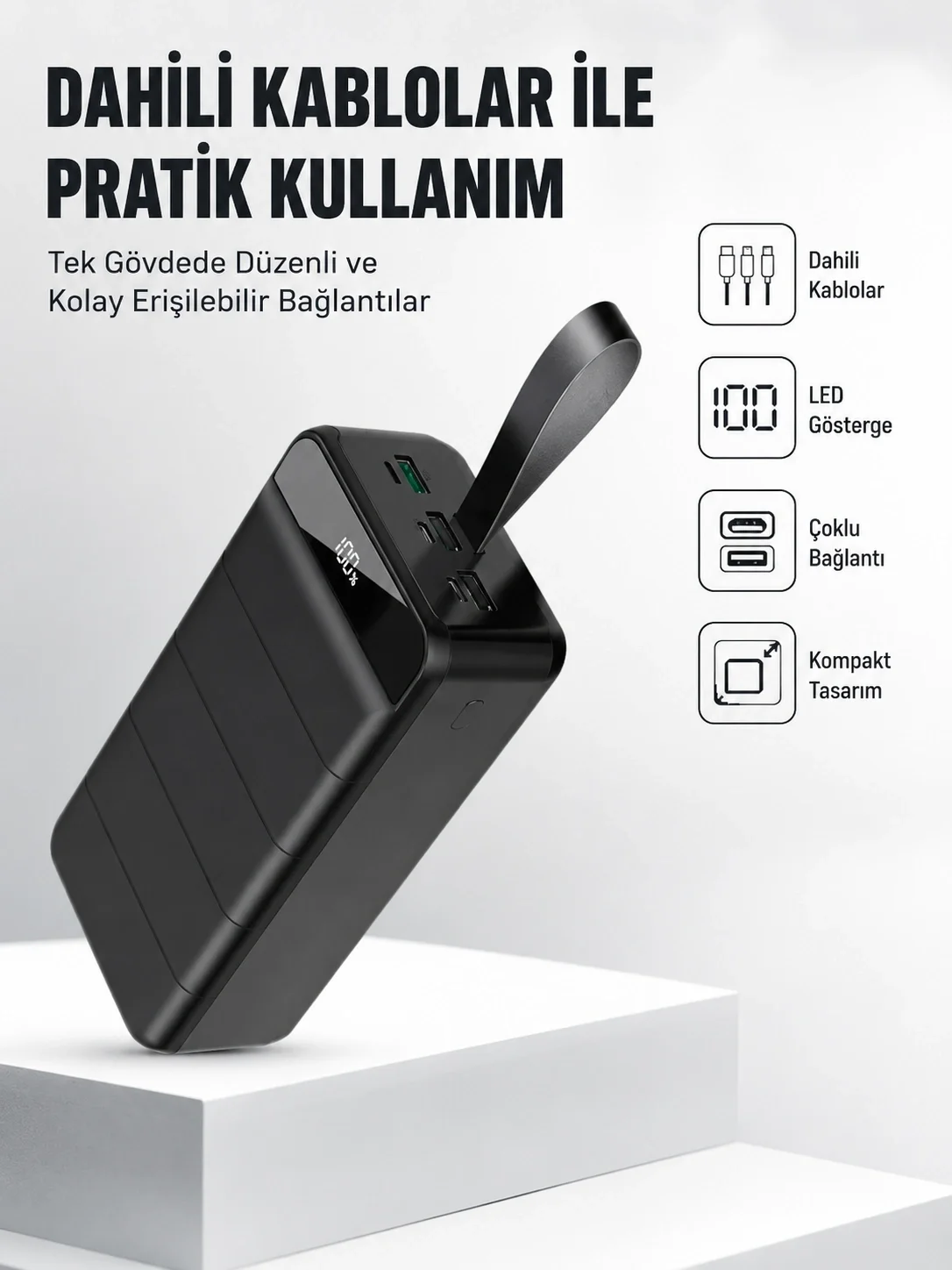 50.000 mAh Kapasiteli Powerbank – Hızlı Şarj Destekli, 4 USB Portlu, LED Işıklı Taşınabilir Enerji Deposu