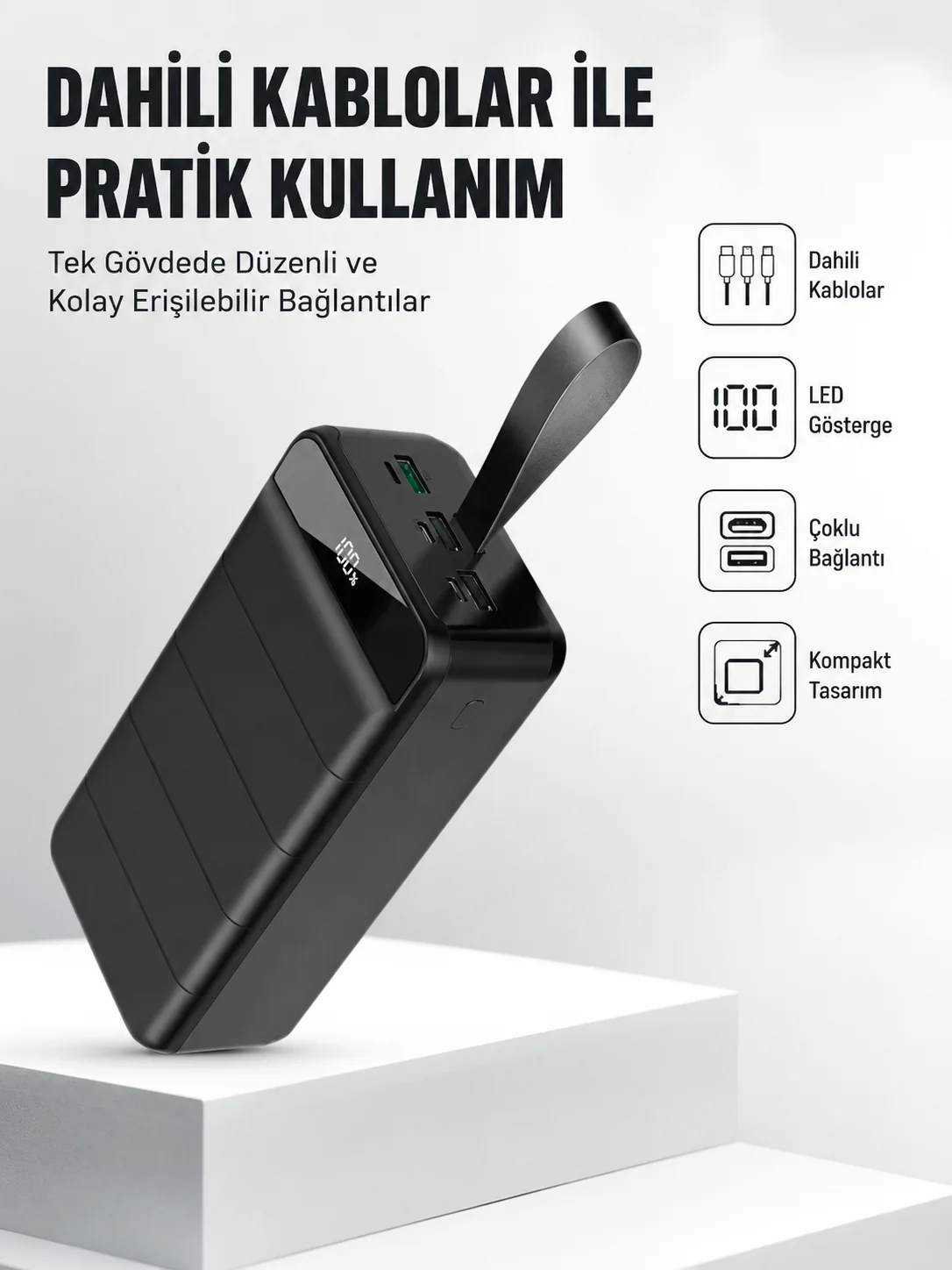 50.000 mAh Kapasiteli Powerbank – Hızlı Şarj Destekli, 4 USB Portlu, LED Işıklı Taşınabilir Enerji Deposu