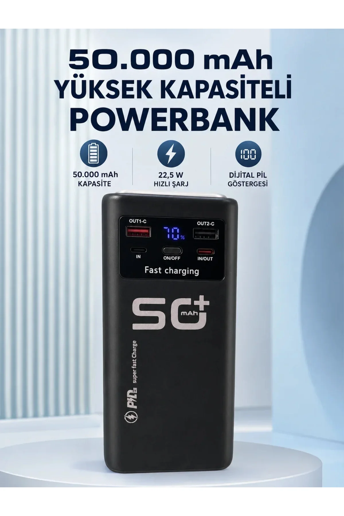 50.000 mAh Taşınabilir Powerbank 22,5 W Hızlı Şarj 4 Dahili Şarj Kablosu Dijital Ekran LED Aydınlatm