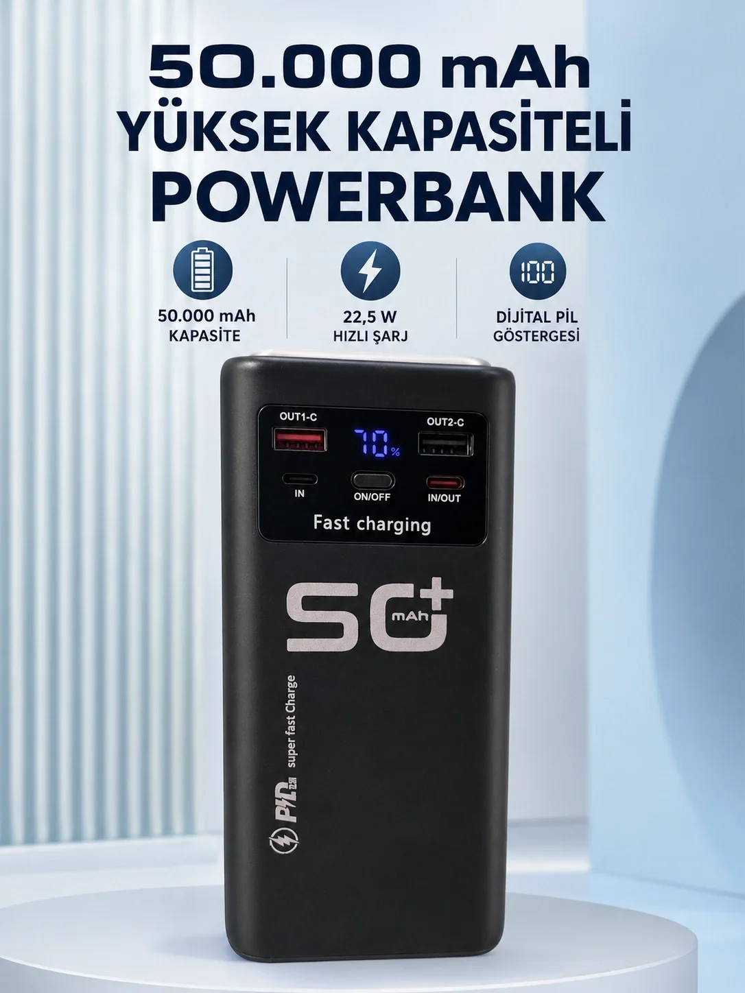 50.000 mAh Taşınabilir Powerbank 22,5 W Hızlı Şarj 4 Dahili Şarj Kablosu Dijital Ekran LED Aydınlatma ve Taşıma Sapı Fiyatı, Yorumları ve Özellikleri