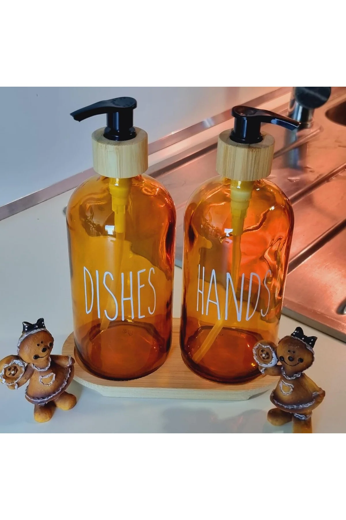 500ml Amber Cam Sıvı Sabunluk Seti, Bulaşık ve El Sabunu İçin, Bambu Tepsili