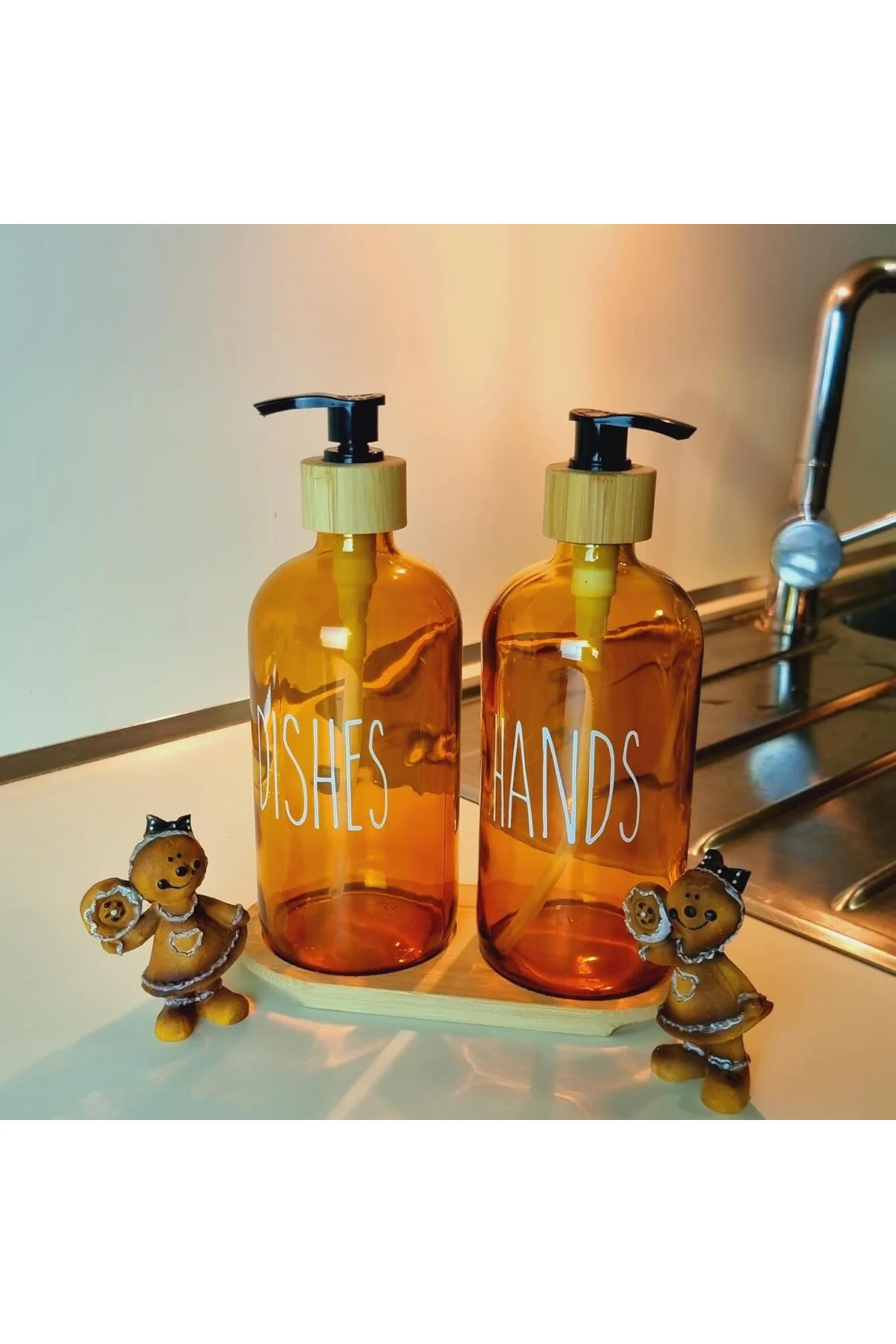 500ml Amber Cam Sıvı Sabunluk Seti, Bulaşık ve El Sabunu İçin, Bambu Tepsili