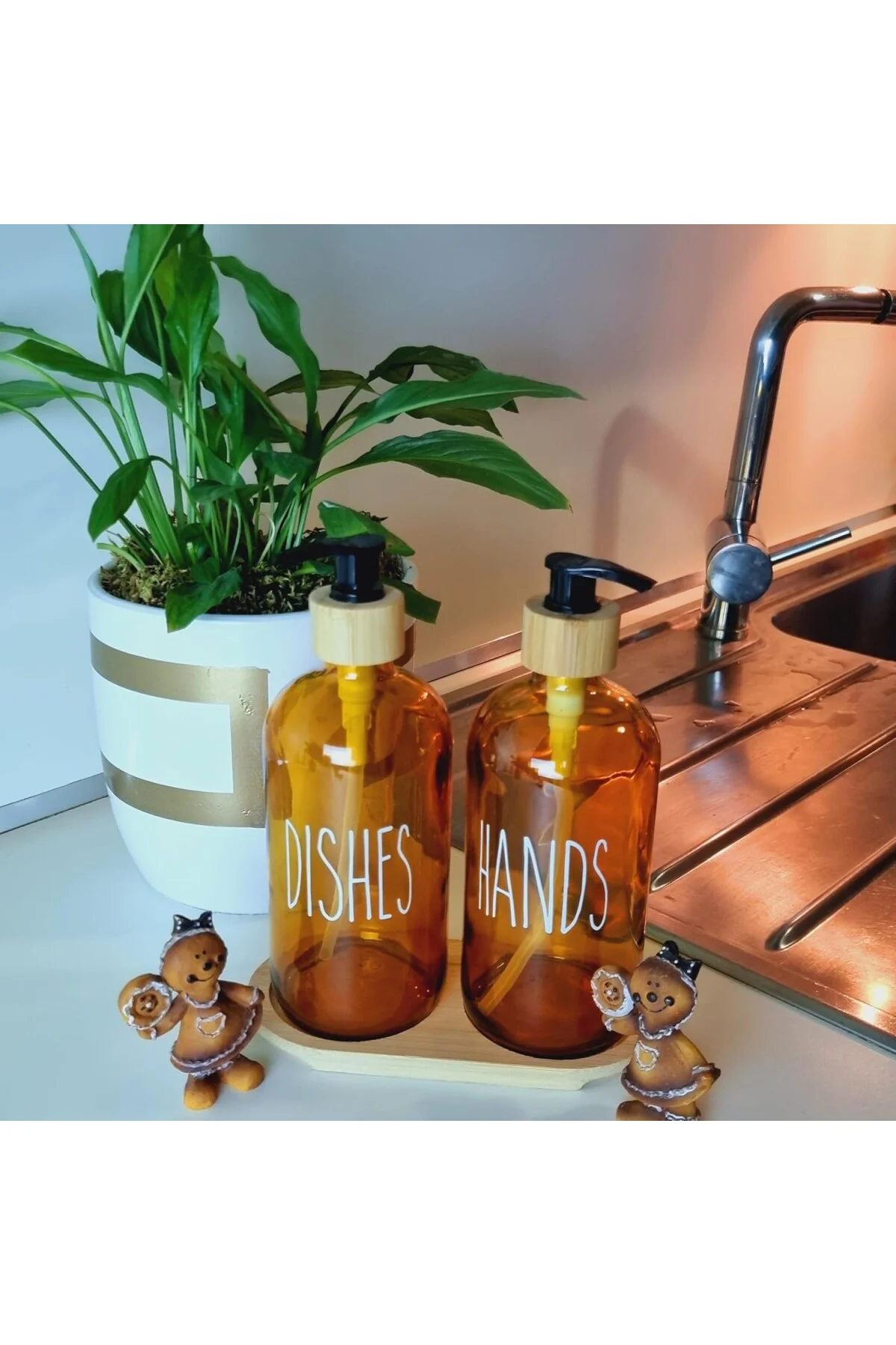 500ml Amber Cam Sıvı Sabunluk Seti, Bulaşık ve El Sabunu İçin, Bambu Tepsili