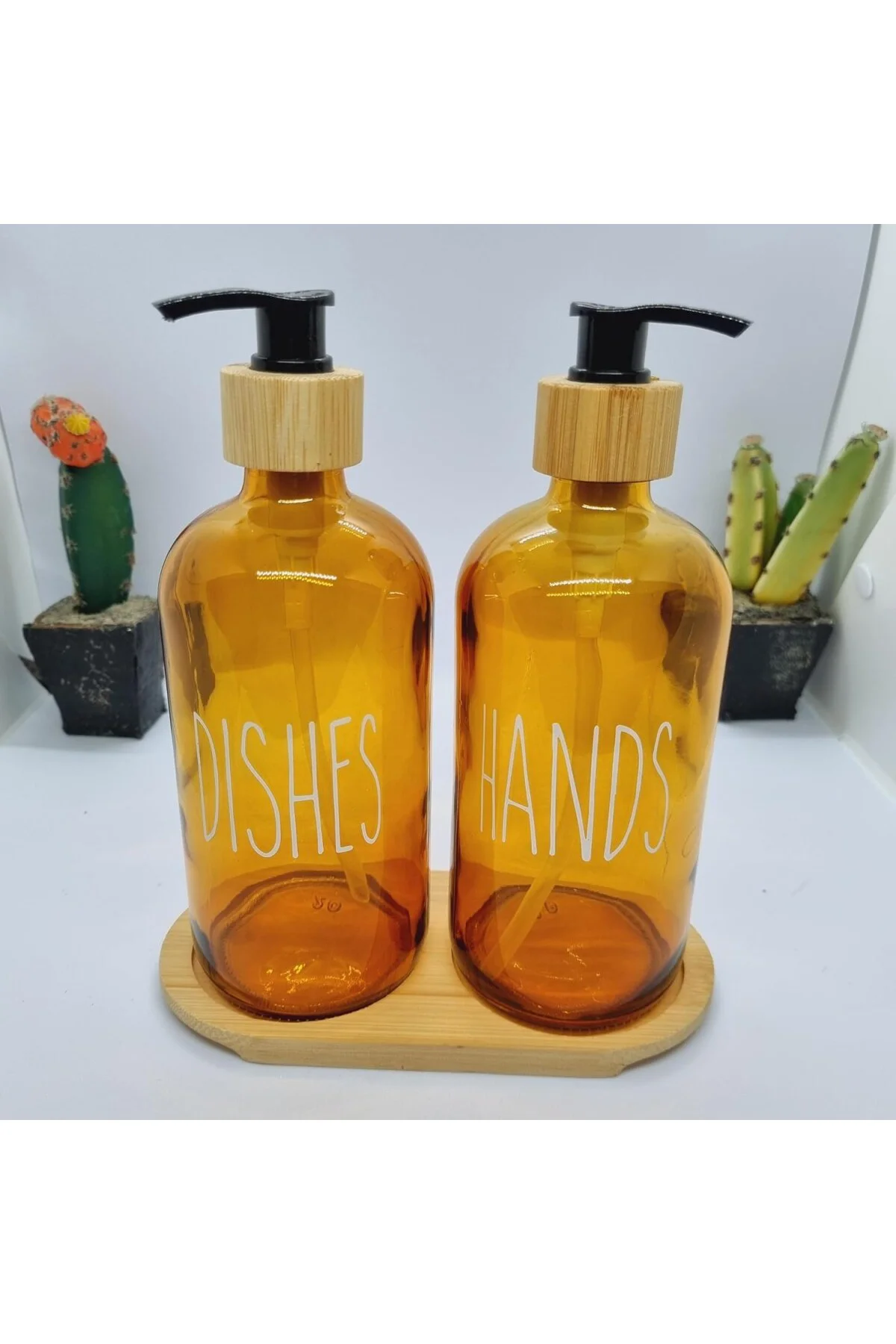 500ml Amber Cam Sıvı Sabunluk Seti, Bulaşık ve El Sabunu İçin, Bambu Tepsili