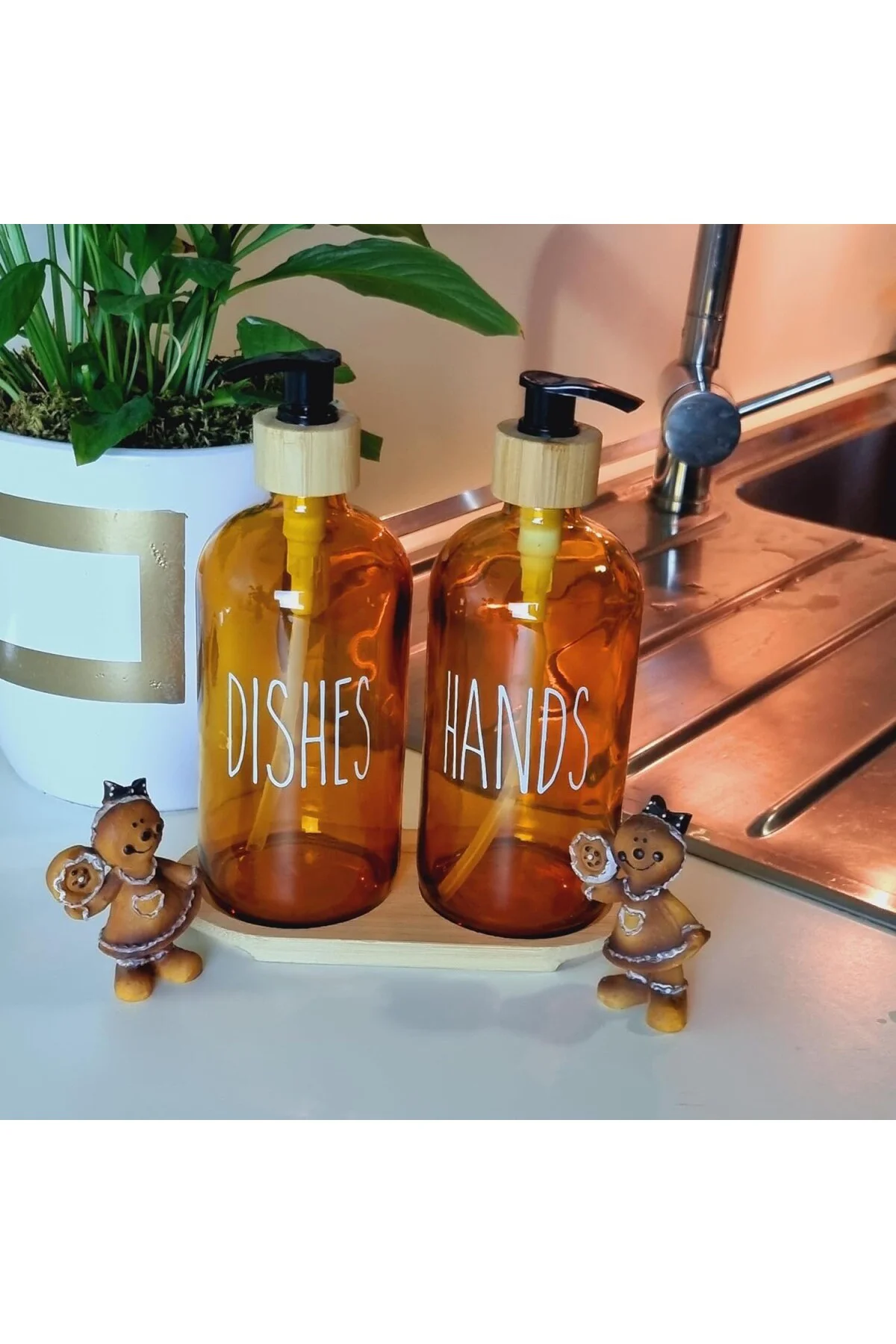 500ml Amber Cam Sıvı Sabunluk Seti, Bulaşık ve El Sabunu İçin, Bambu Tepsili