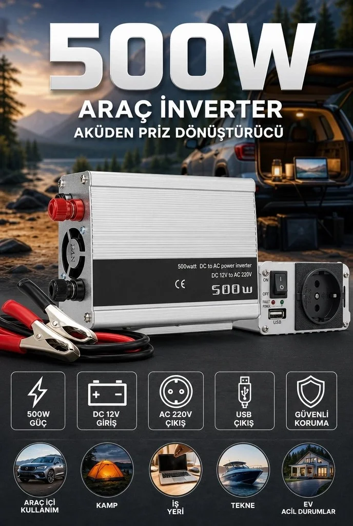 500W 12V Akü İnverteri 220V AC Çıkışlı USB Portlu Fanlı Güç Dönüştürücü Araç Karavan Kullanımı Fiyatı, Yorumları ve Özellikleri