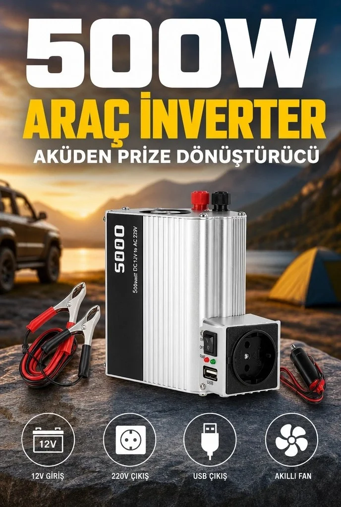 500W 12V Akü İnverteri 220V AC Çıkışlı USB Portlu Fanlı Güç Dönüştürücü Araç Karavan Kullanımı Fiyatı, Yorumları ve Özellikleri