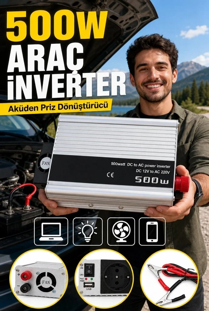 500W 12V Akü İnverteri 220V AC Çıkışlı USB Portlu Fanlı Güç Dönüştürücü Araç Karavan Kullanımı Fiyatı, Yorumları ve Özellikleri