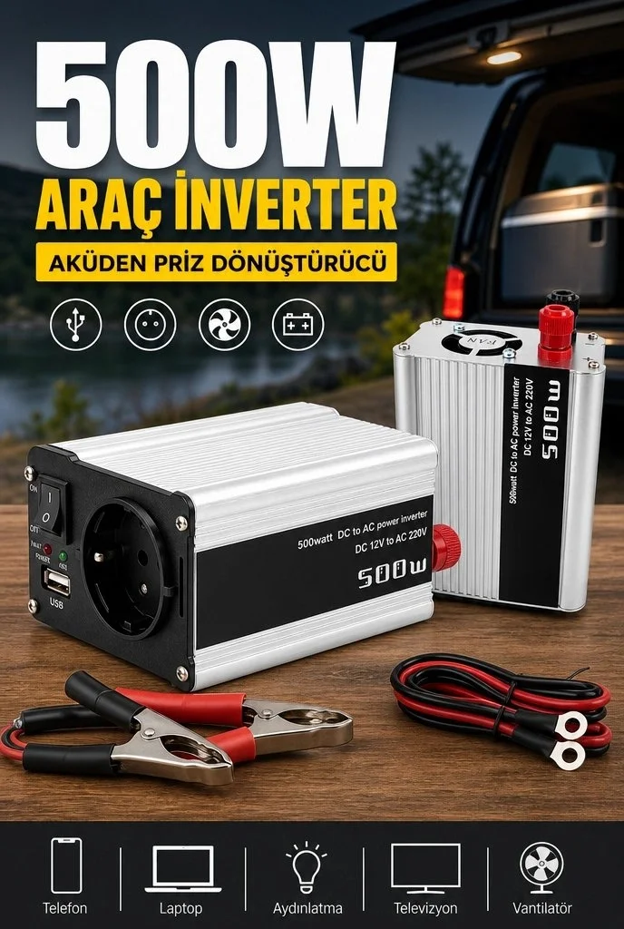 500W 12V DC 220V AC İnverter USB Çıkışlı Fanlı Akü Güç Dönüştürücü Araç Kullanımı Fiyatı, Yorumları ve Özellikleri