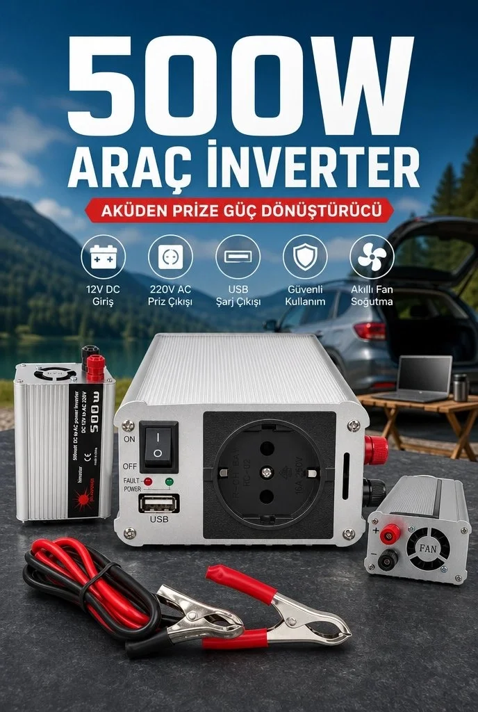 500W Fanlı Akü İnverteri 12V DC Giriş 220V AC Çıkış USB Portlu Taşınabilir Araç Kullanımı Fiyatı, Yorumları ve Özellikleri