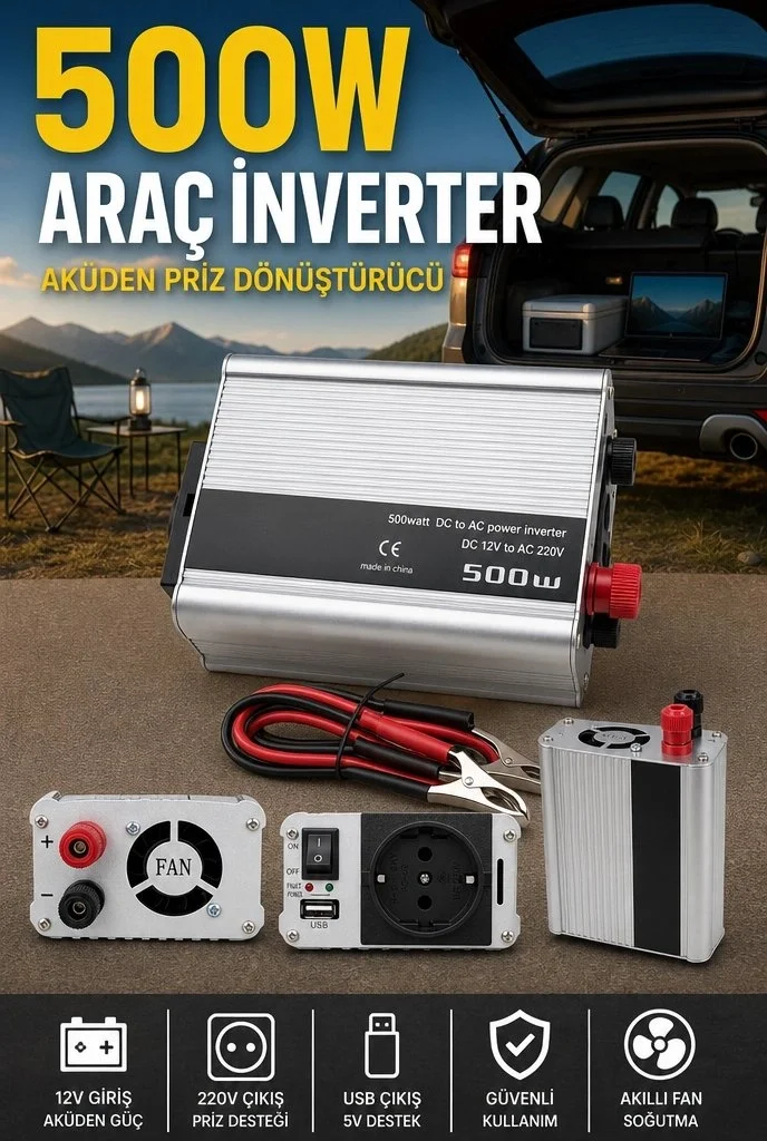 500W Fanlı Akü İnverteri 12V DC Giriş 220V AC Çıkış USB Portlu Taşınabilir Araç Kullanımı Fiyatı, Yorumları ve Özellikleri