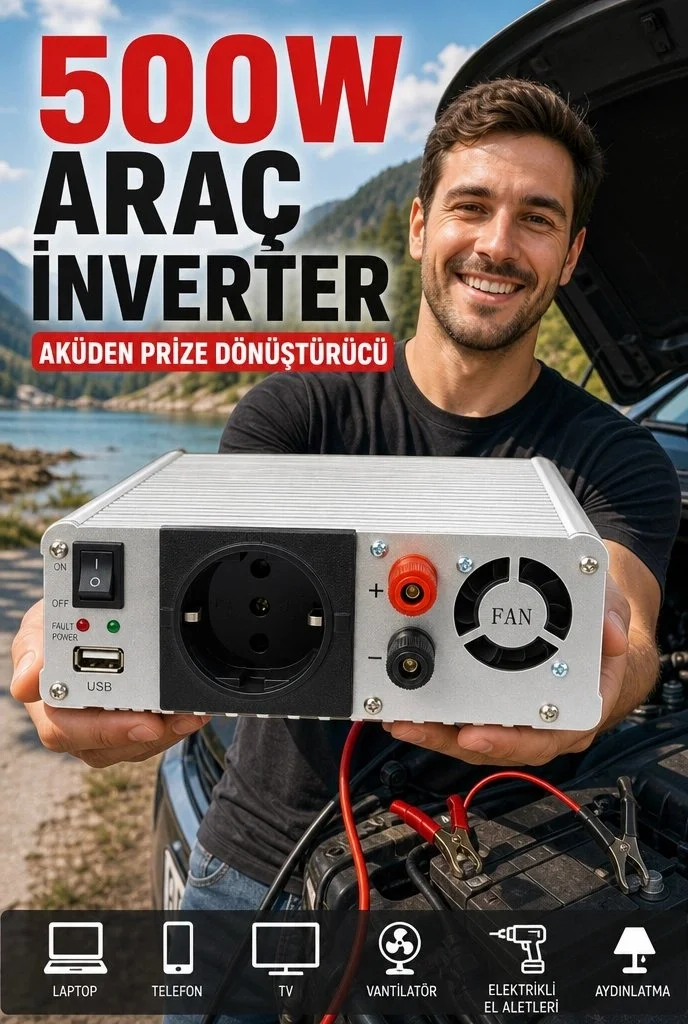 500W Fanlı Akü İnverteri 12V DC Giriş 220V AC Çıkış USB Portlu Taşınabilir Araç Kullanımı Fiyatı, Yorumları ve Özellikleri